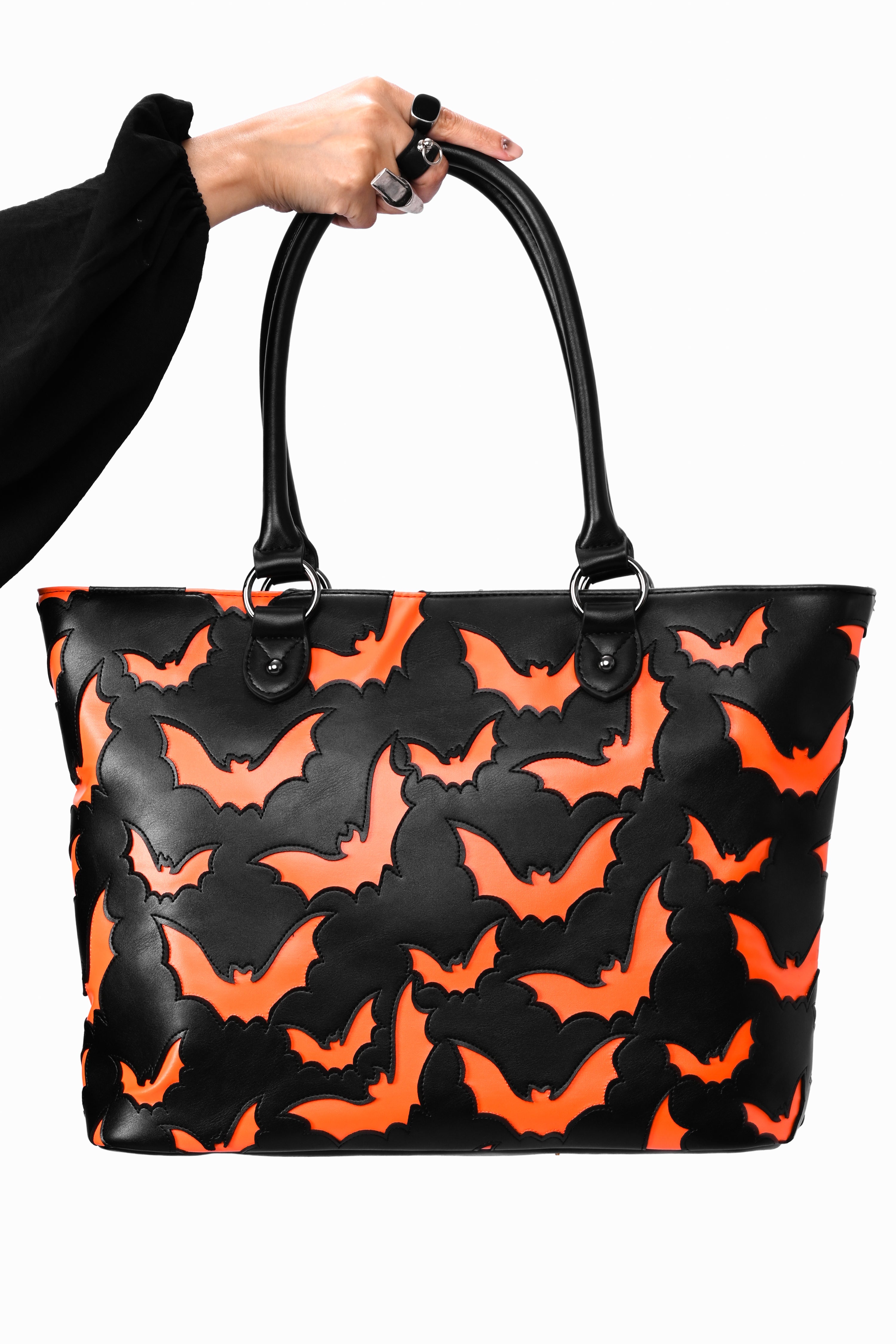 black tote bag with orange bat underlay print