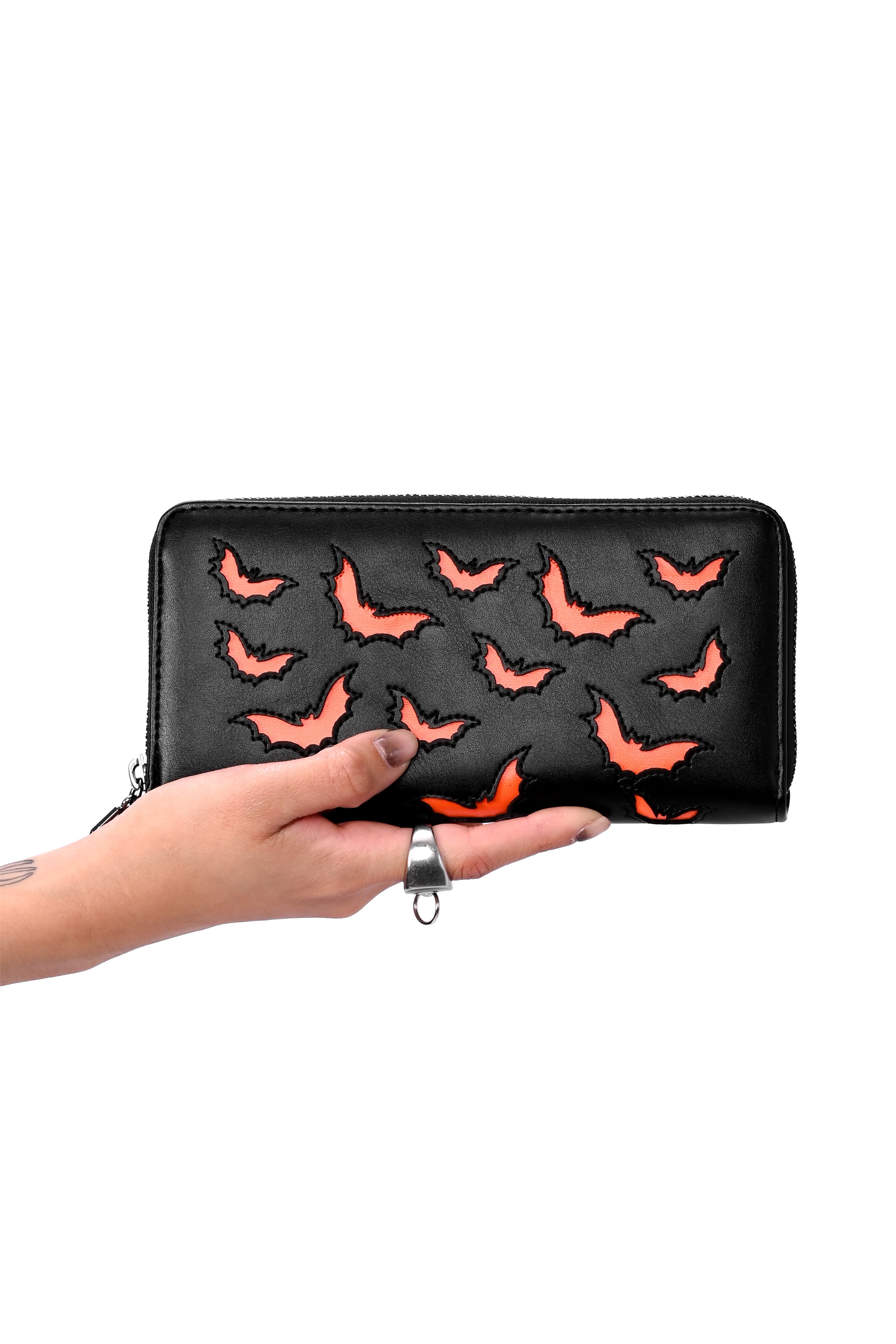 Black PU wallet with orange PU bat underlay.