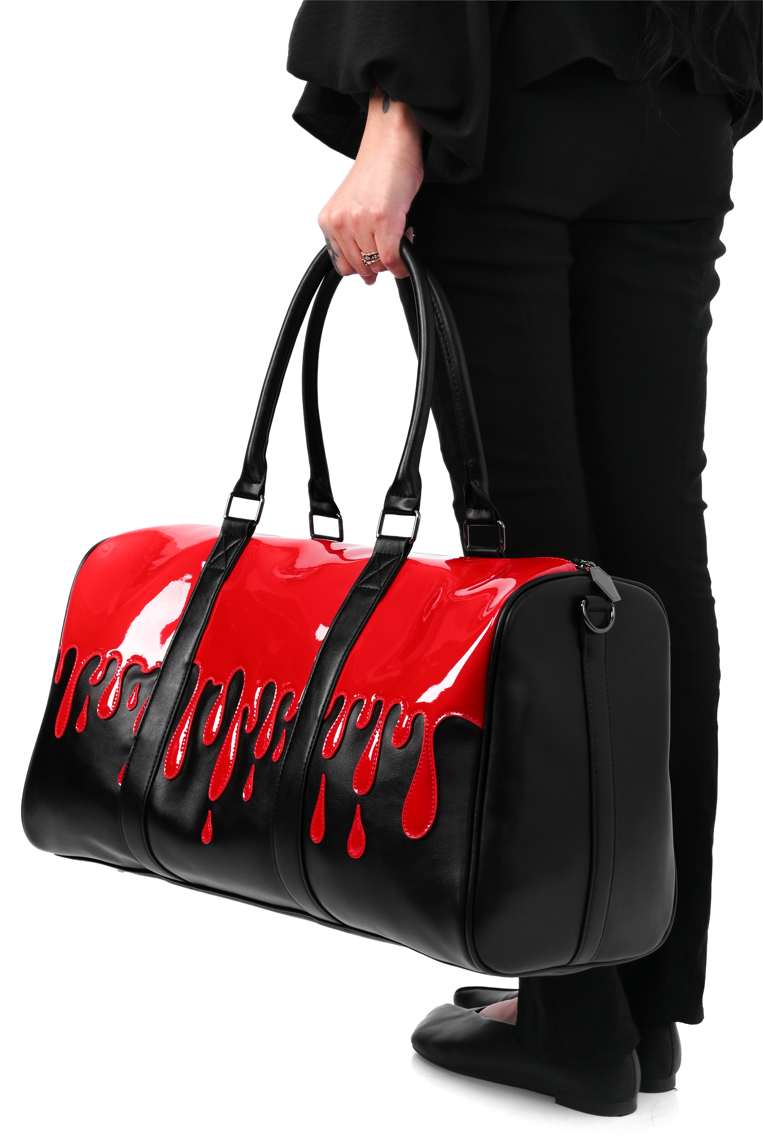 black weekender with patent red blood drip overlay