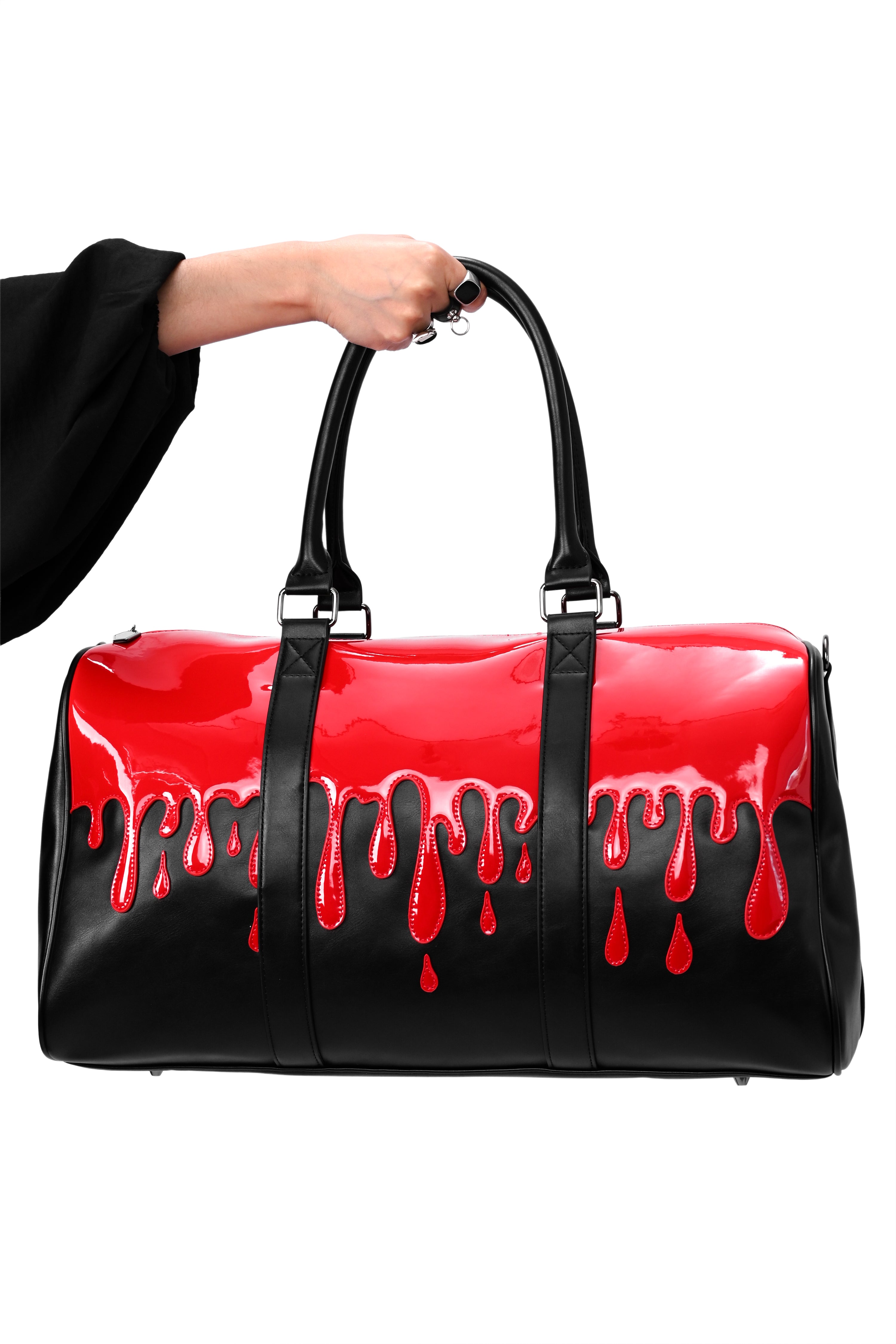 black weekender with patent red blood drip overlay