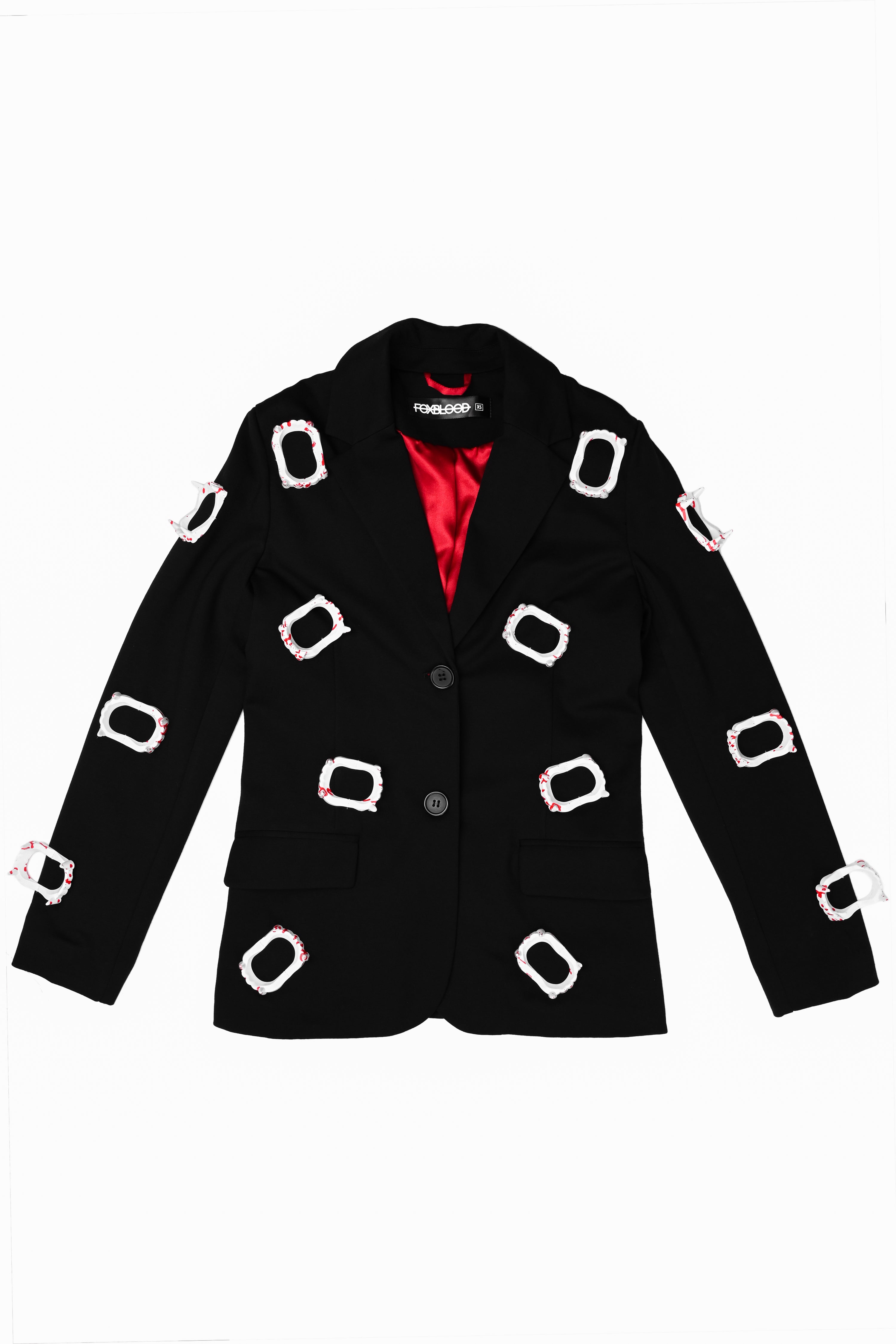 unisex black blazer covered in blood stained plastic vampire fangs