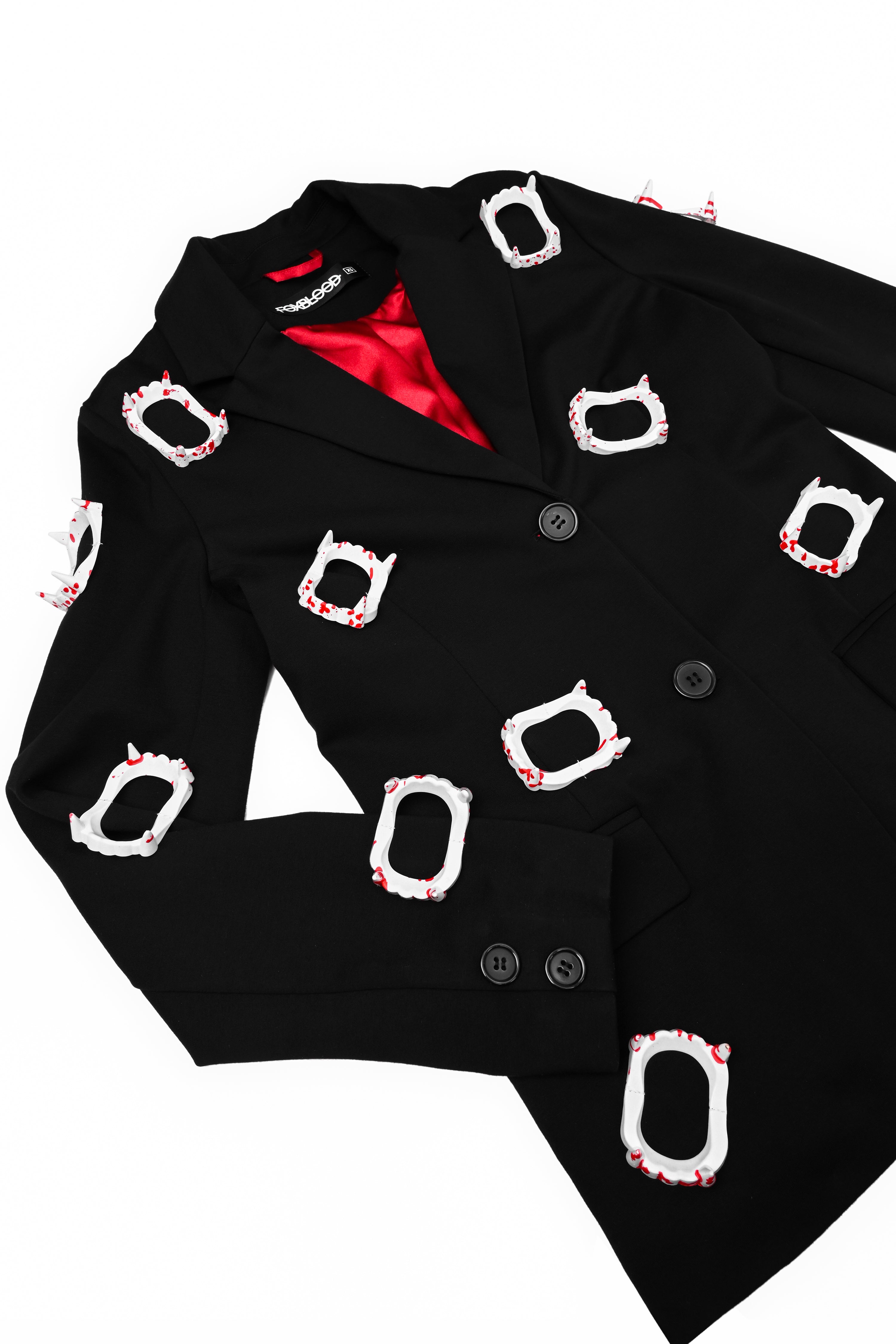 unisex black blazer covered in blood stained plastic vampire fangs
