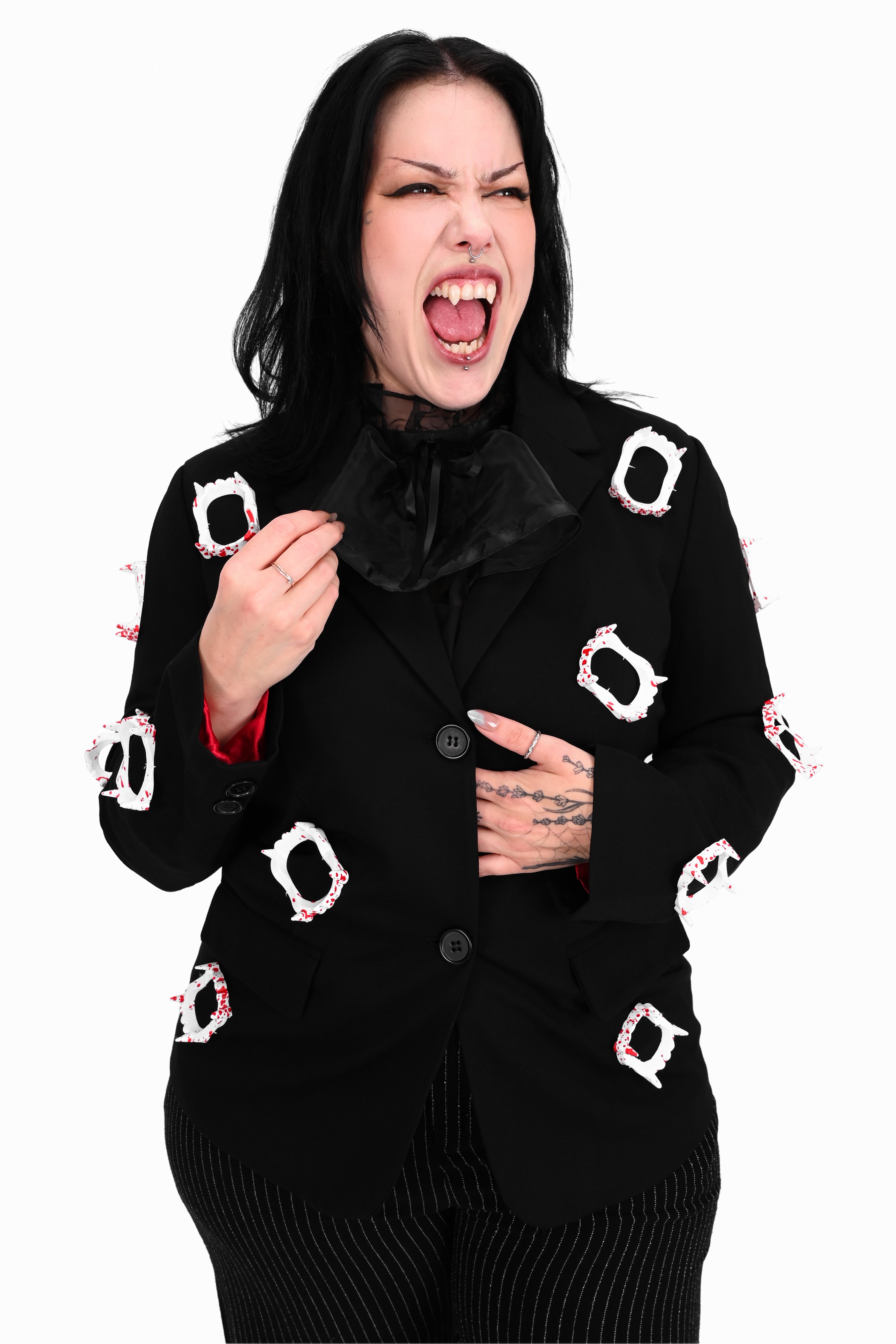 unisex black blazer covered in blood stained plastic vampire fangs