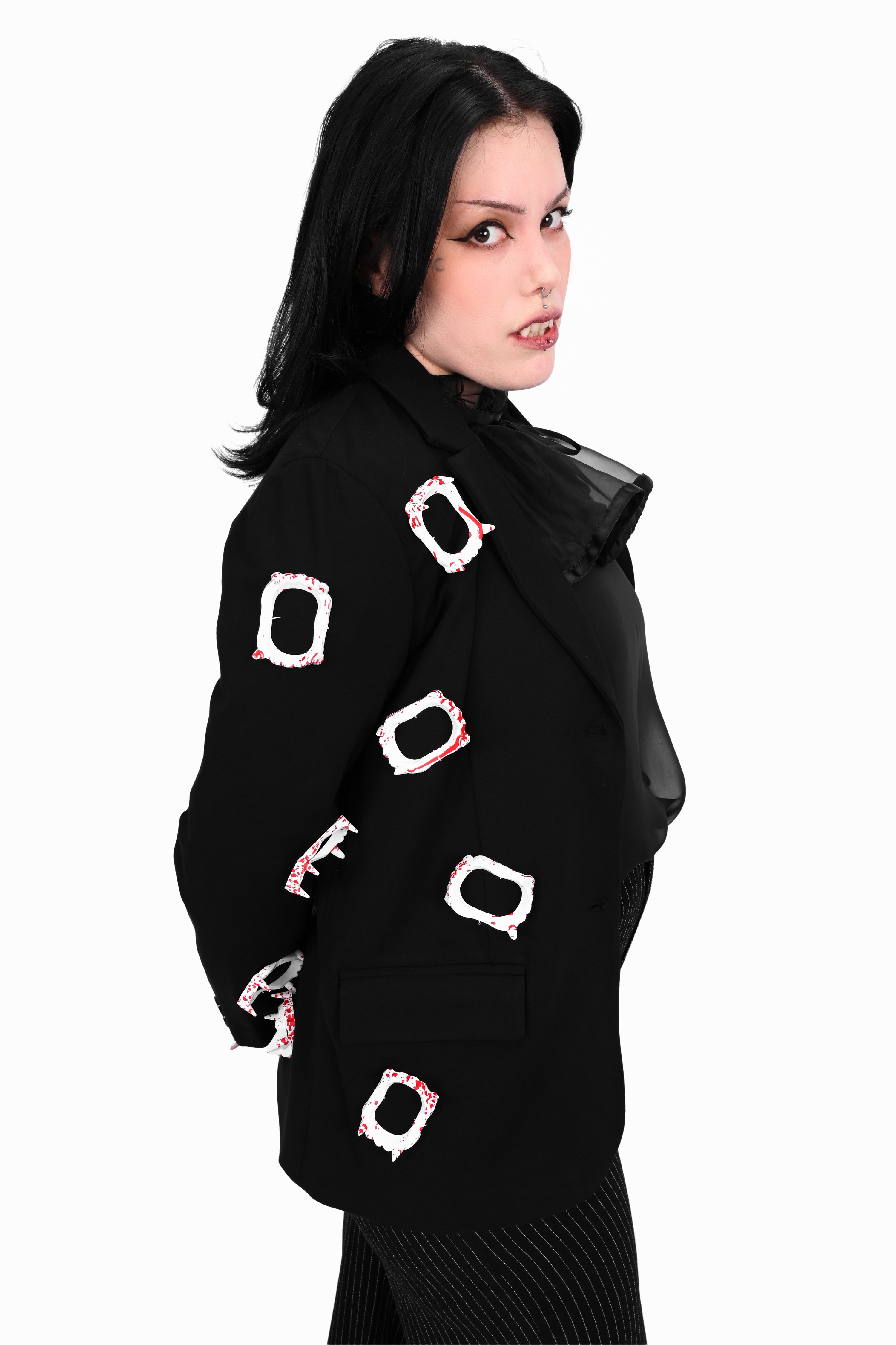 unisex black blazer covered in blood stained plastic vampire fangs