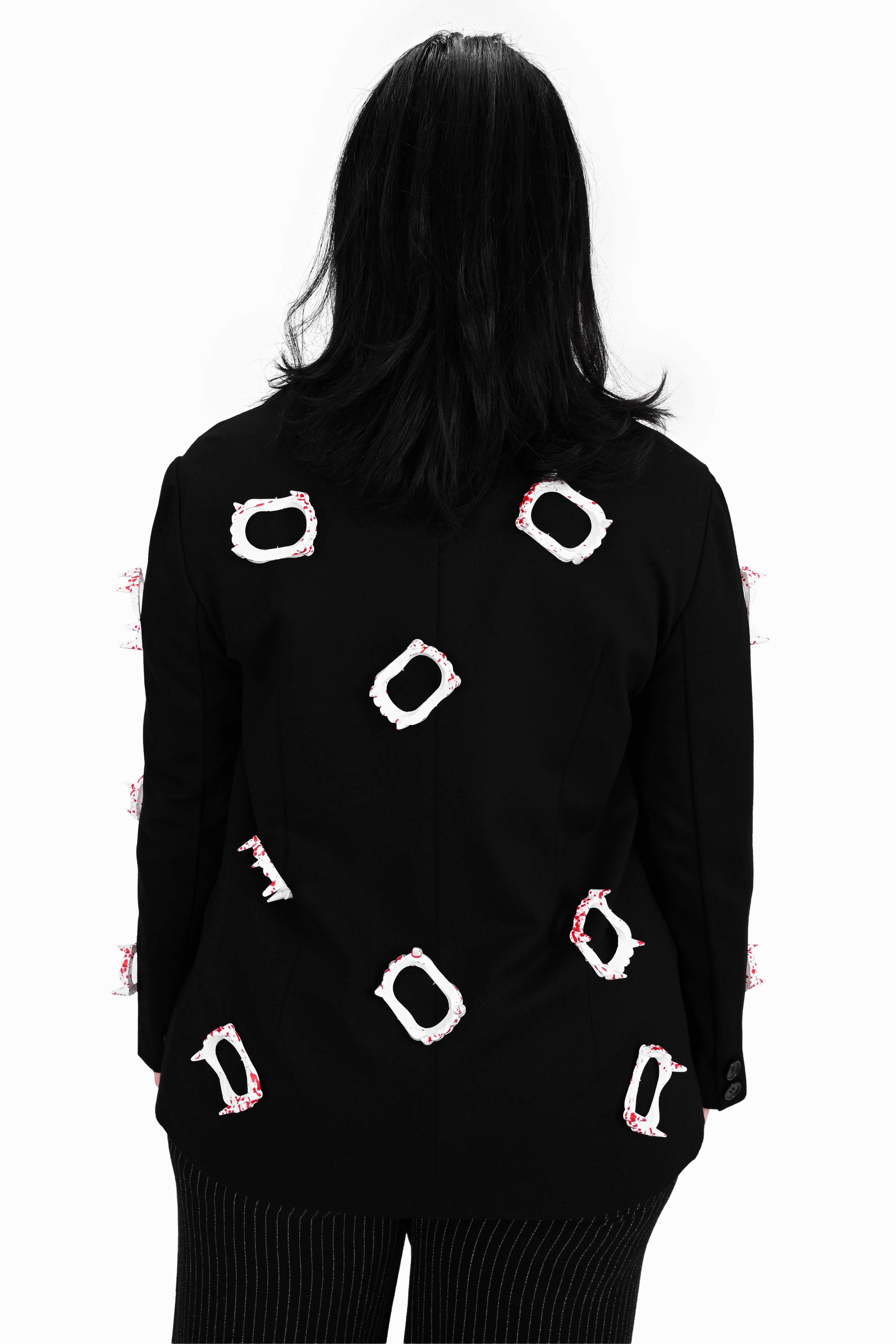 unisex black blazer covered in blood stained plastic vampire fangs