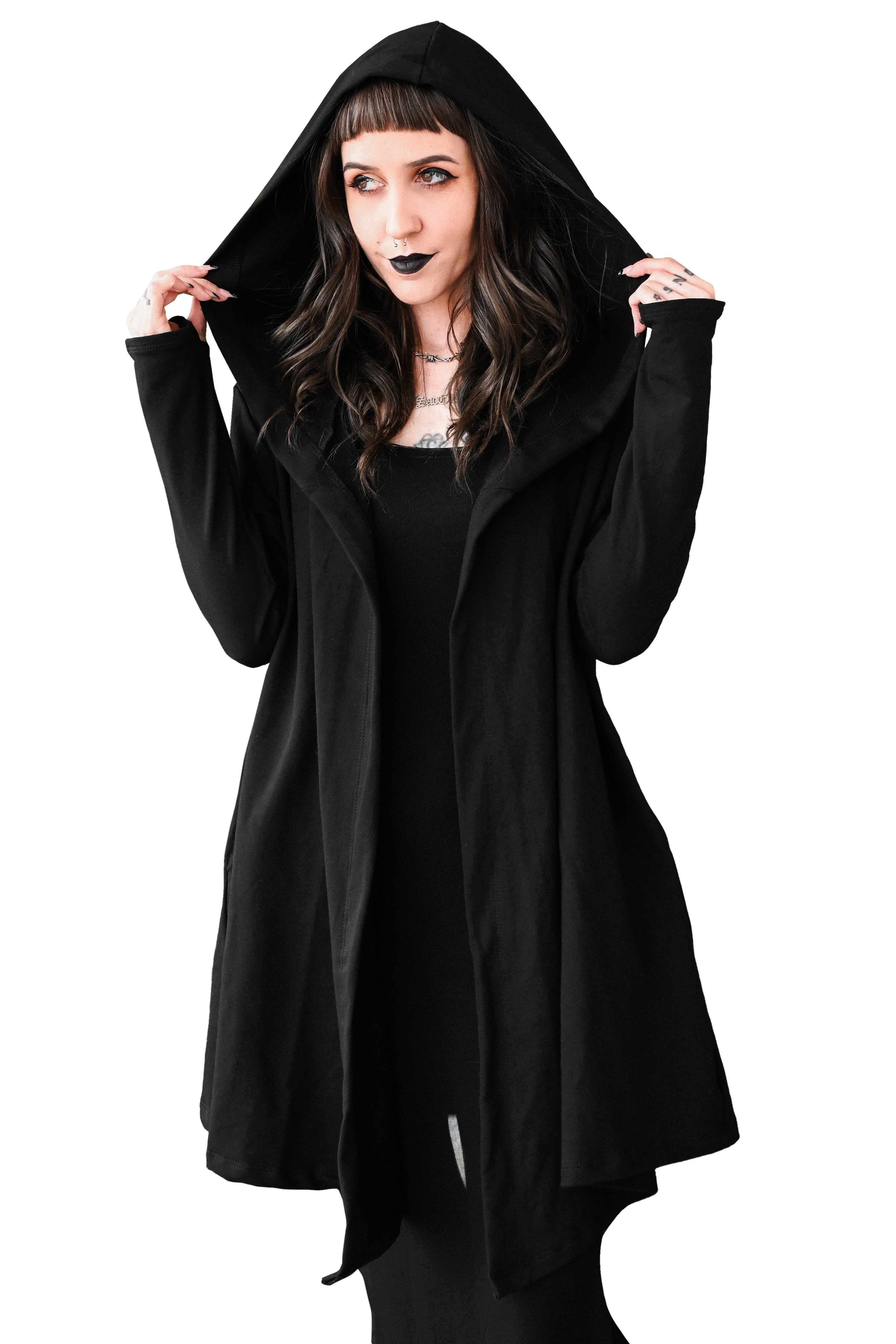 black hooded open front cardigan with thumbholes