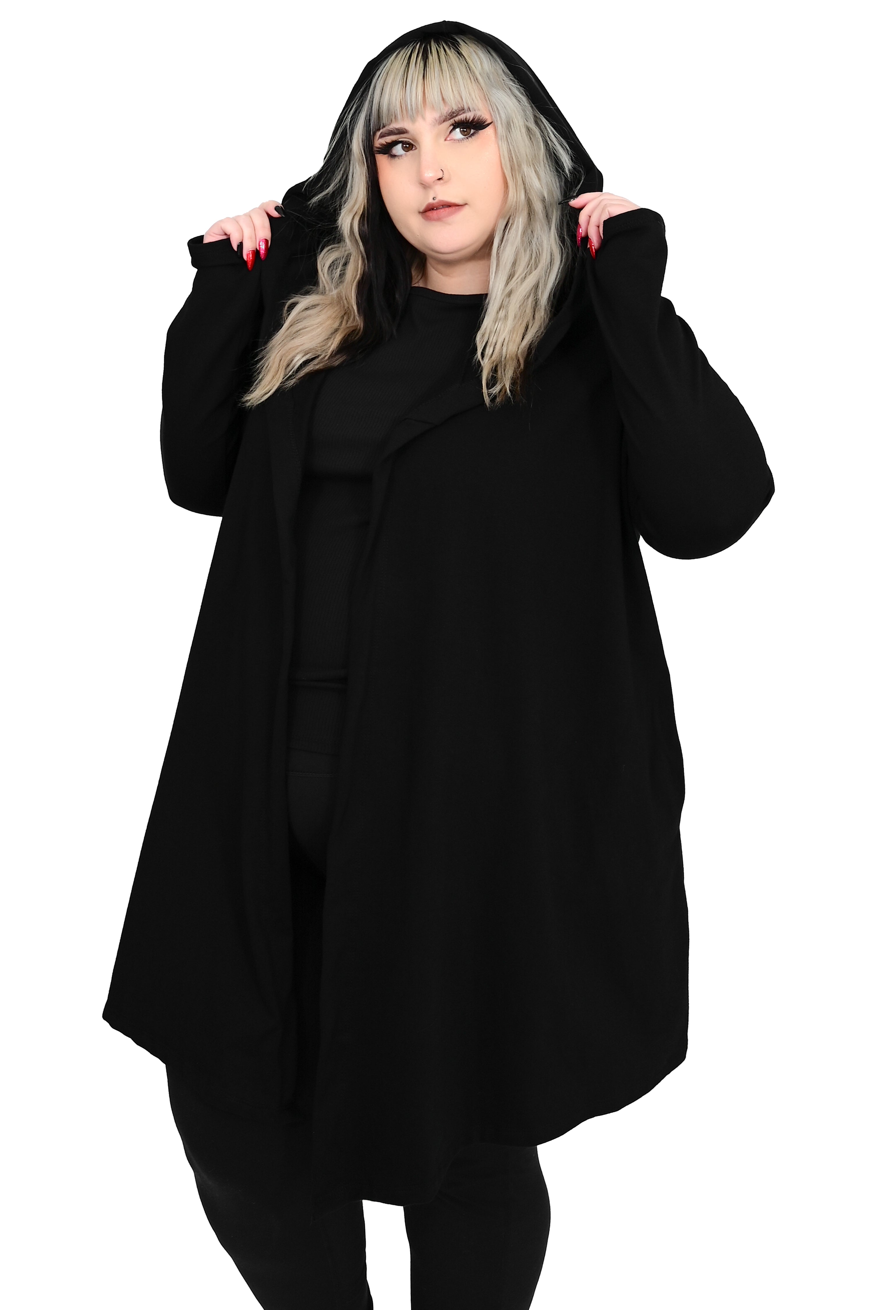 black hooded open front cardigan with thumbholes