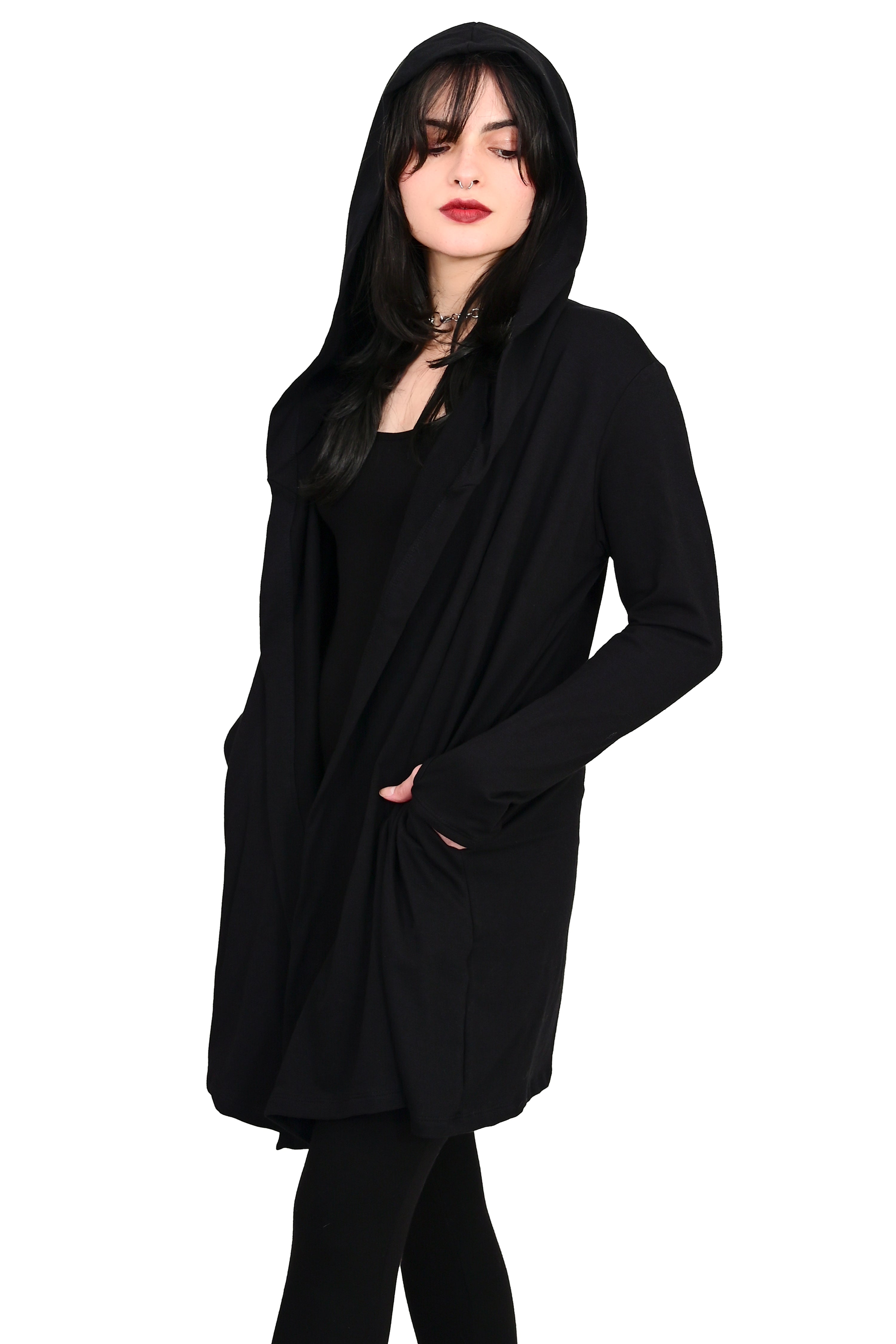 black hooded open front cardigan with thumbholes