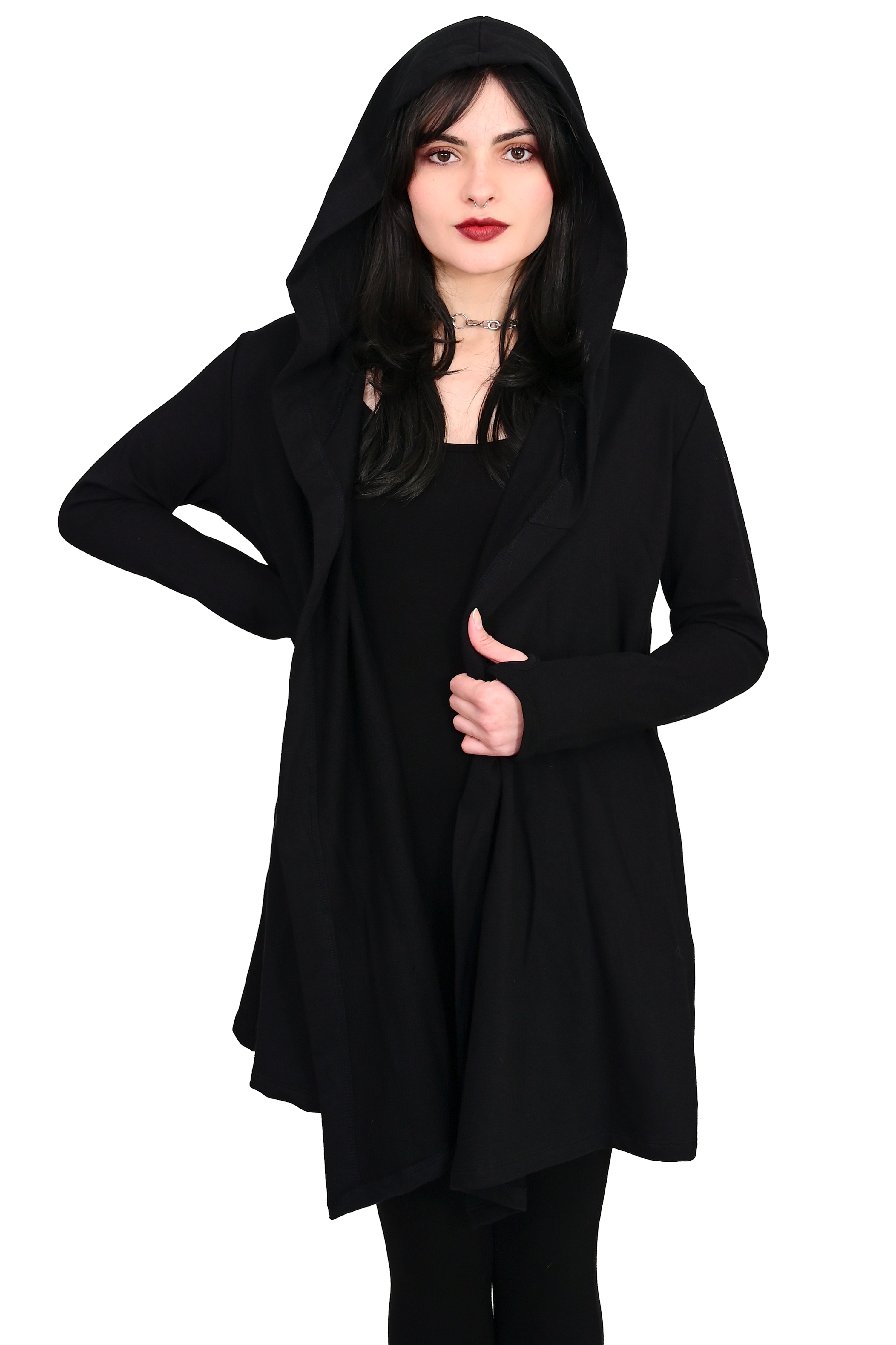 black hooded open front cardigan with thumbholes