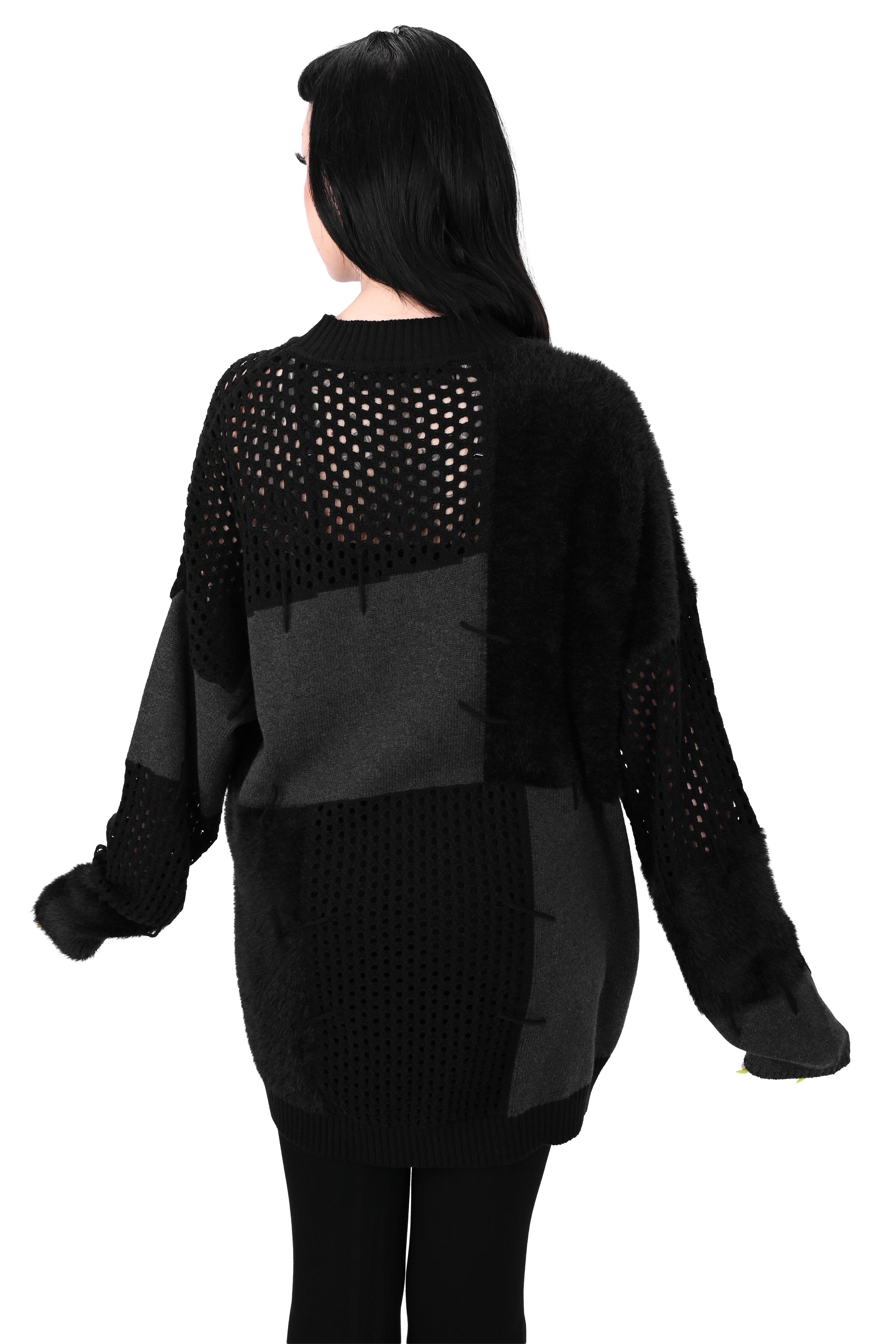 black and grey patchwork mixed knit sweater