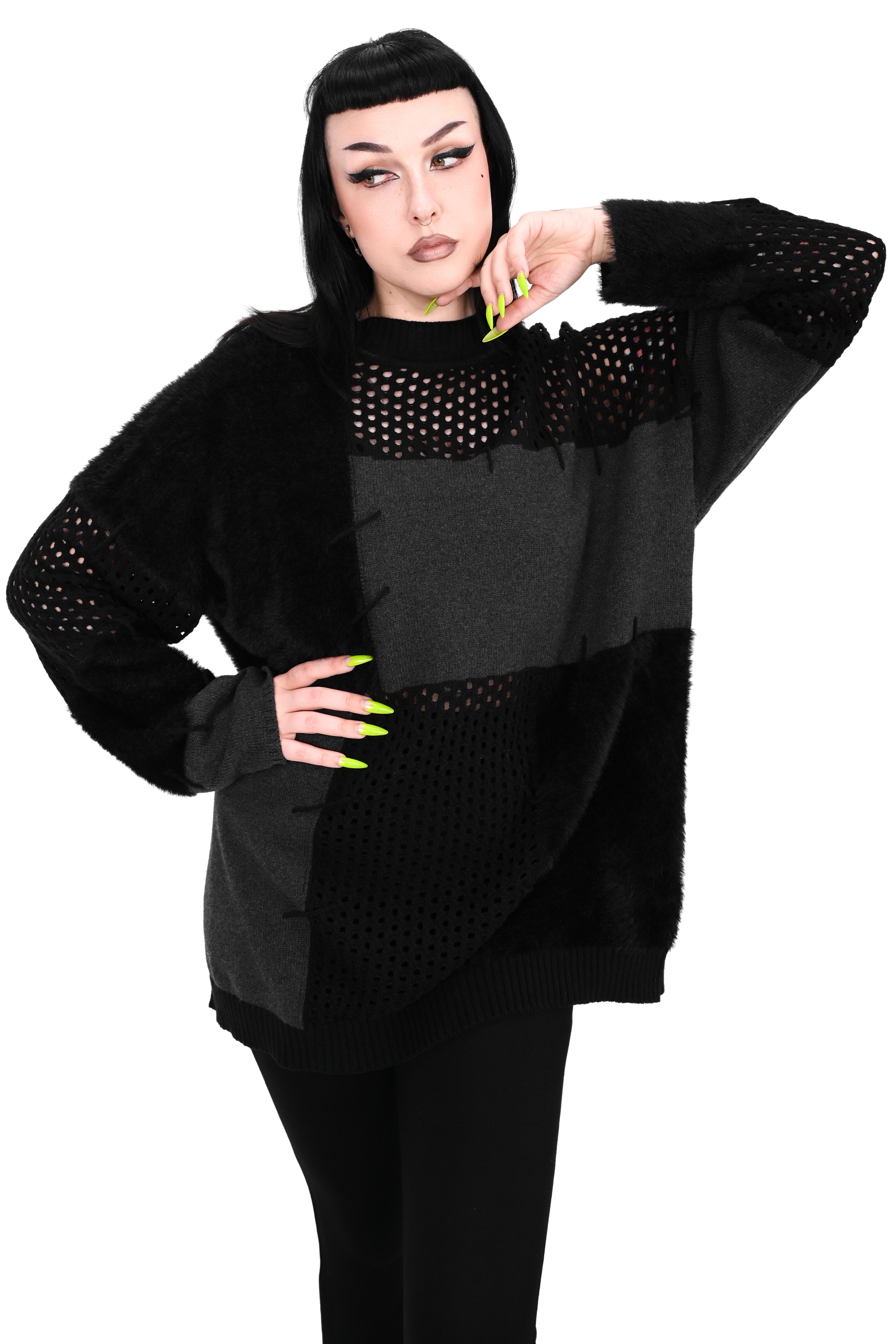 black and grey patchwork mixed knit sweater