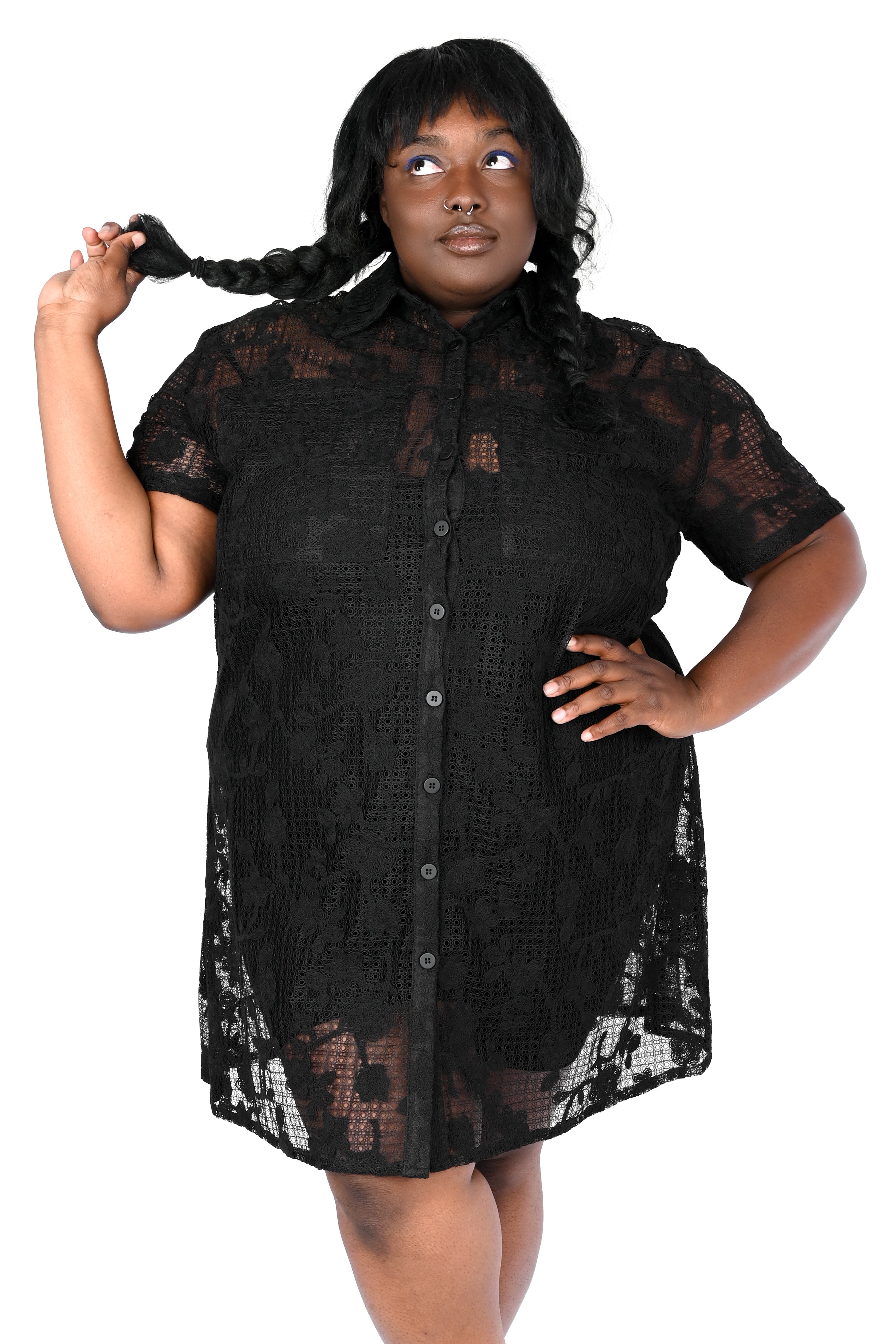 Oversized lace t-shirt dress with fully button up front.