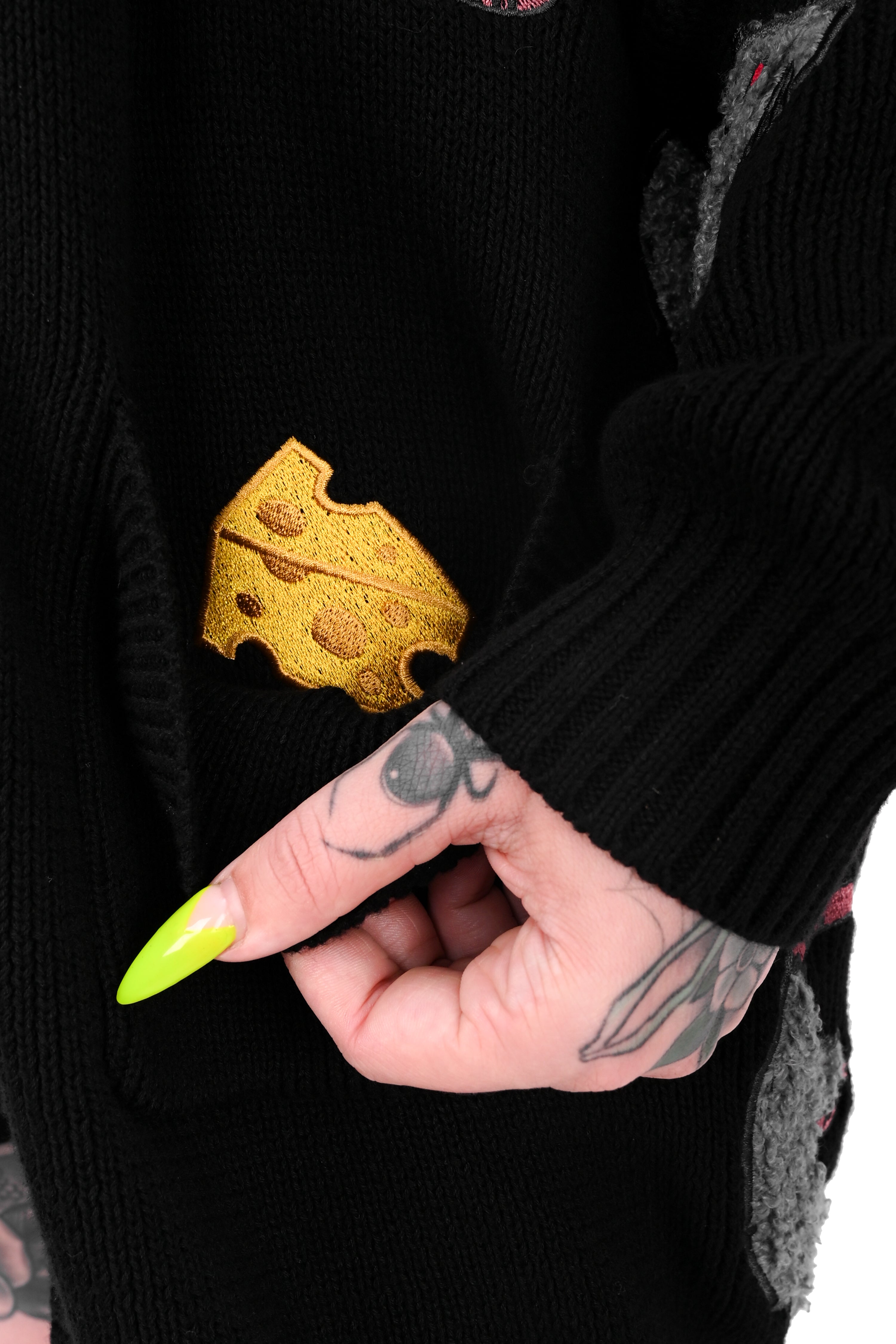 black cardigan with custom embroidered rat pattern