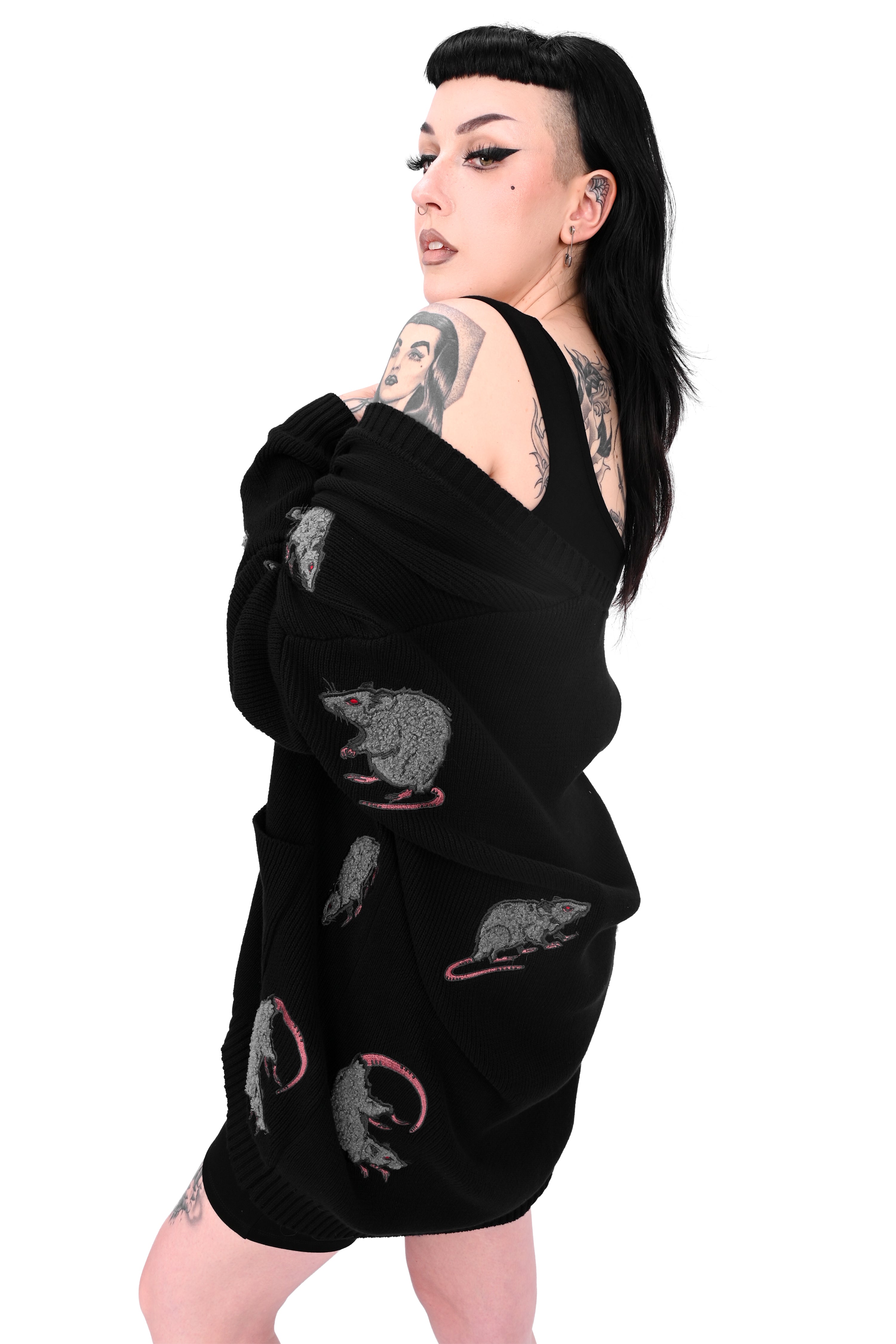 black cardigan with custom embroidered rat pattern