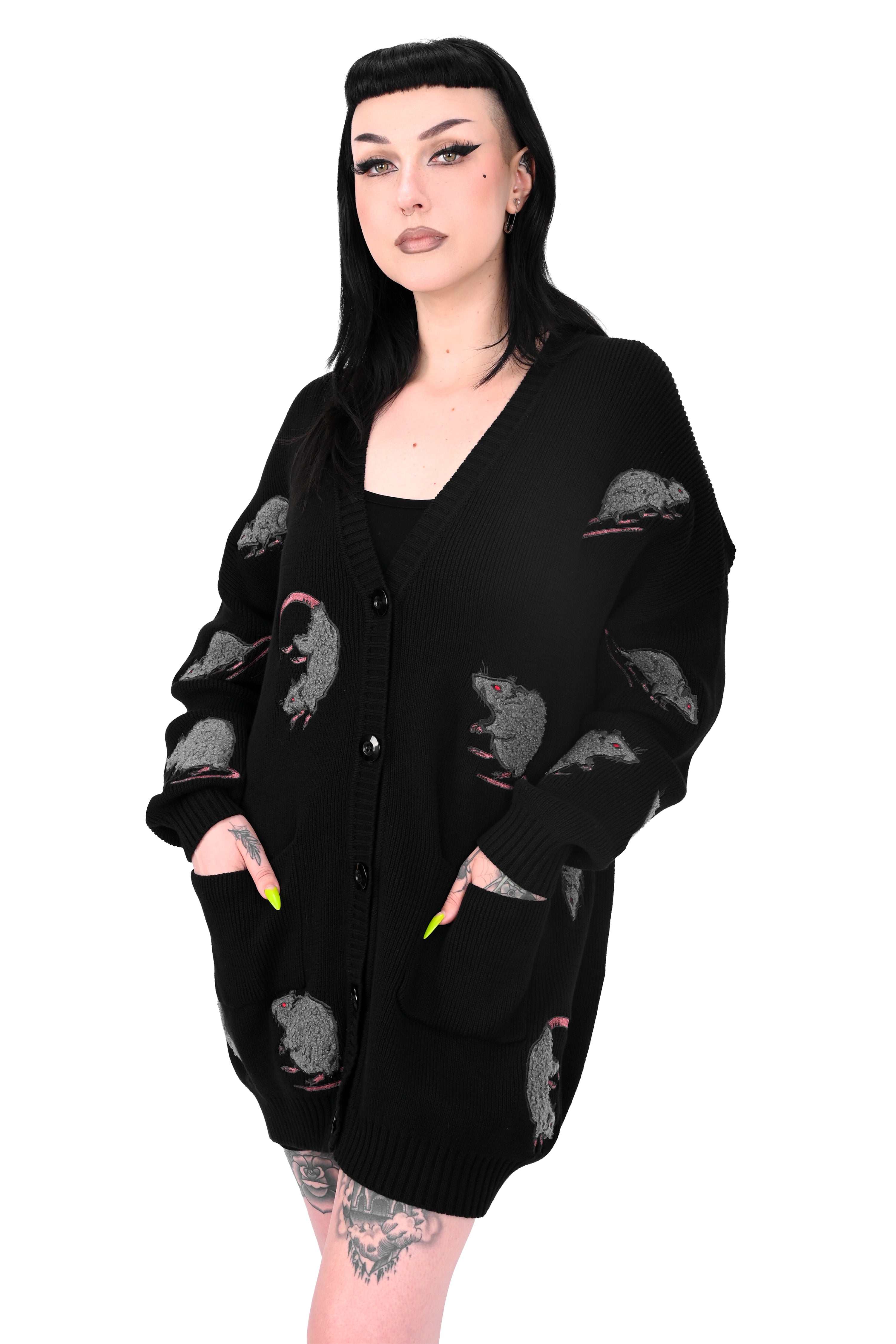 black cardigan with custom embroidered rat pattern