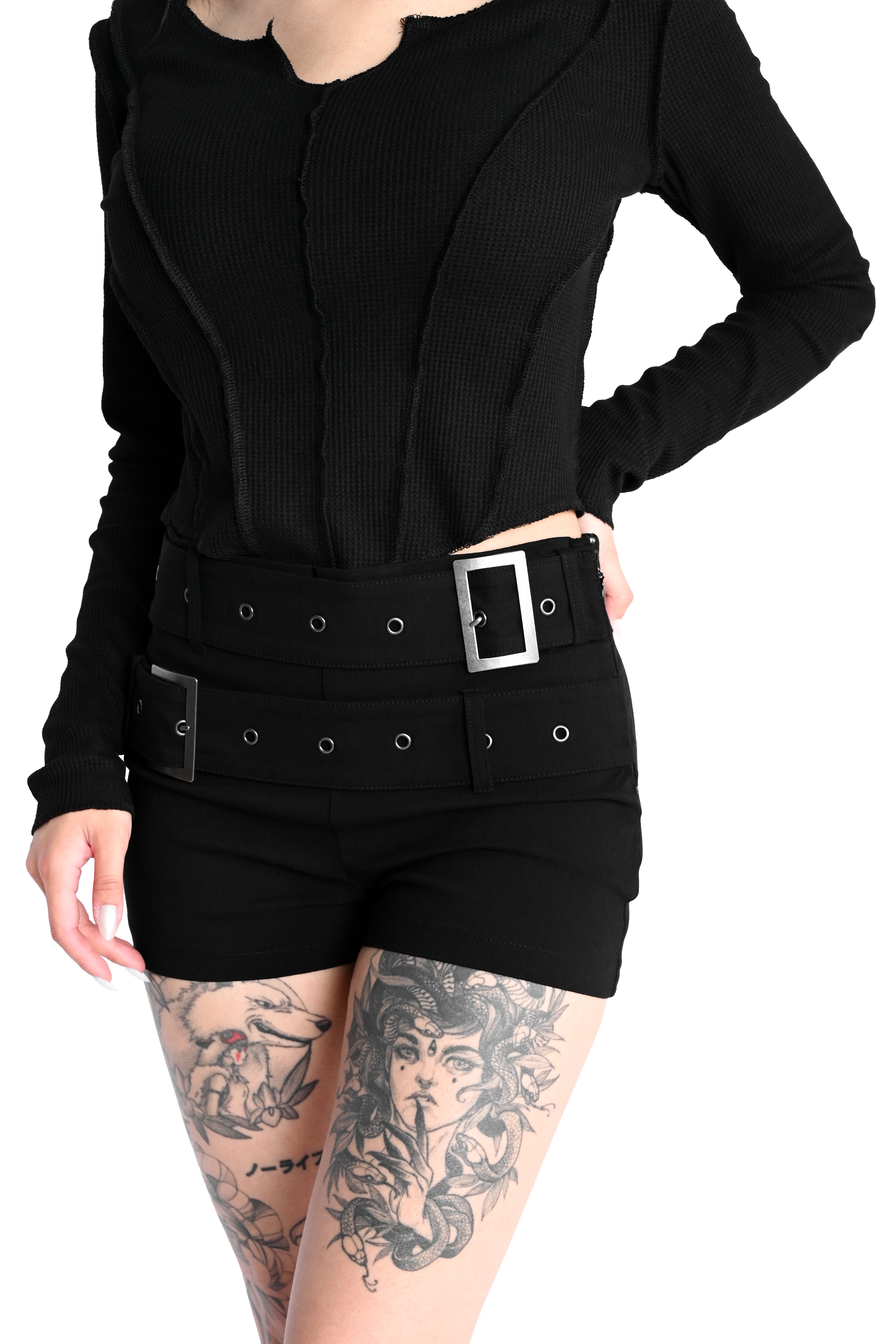 Black mini shorts with built in adjustable belt.
