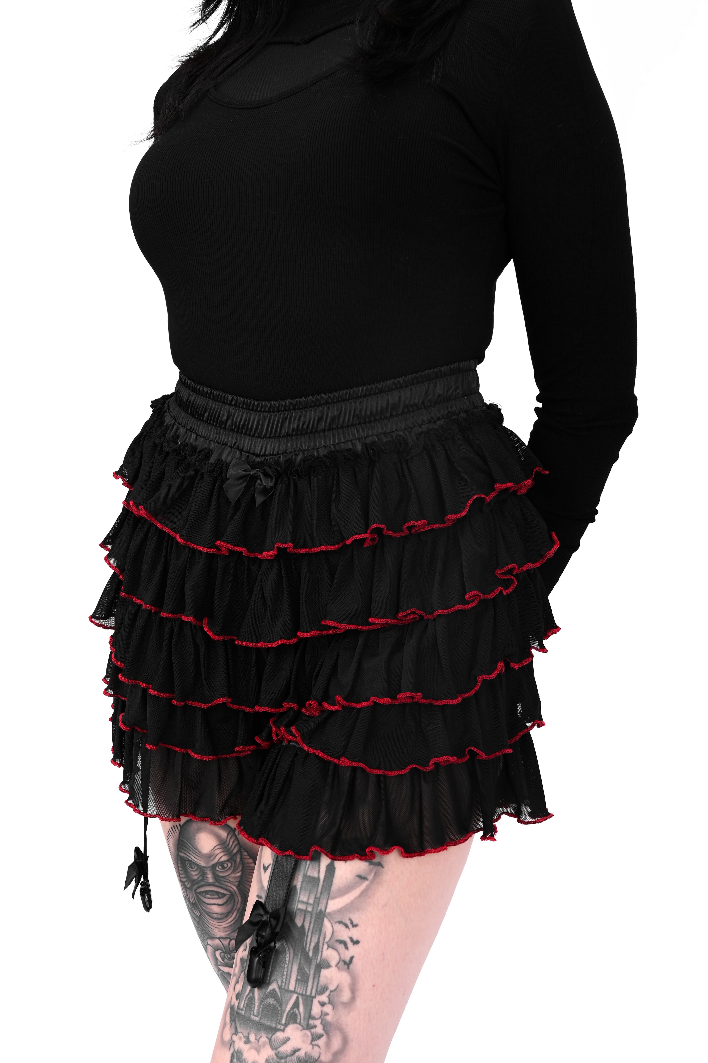 black and red mesh ruffle bloomers with garters