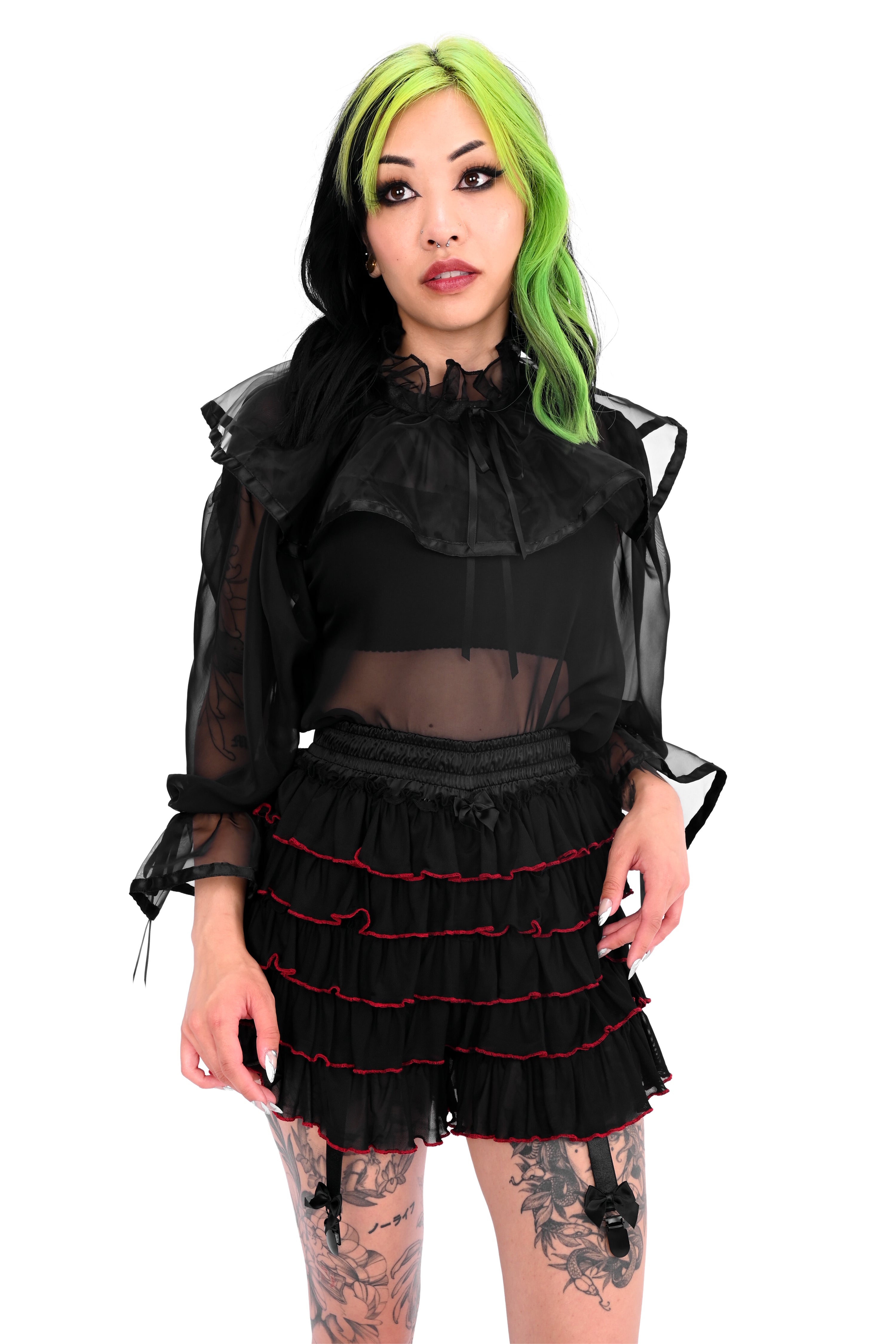 black and red mesh ruffle bloomers with garters