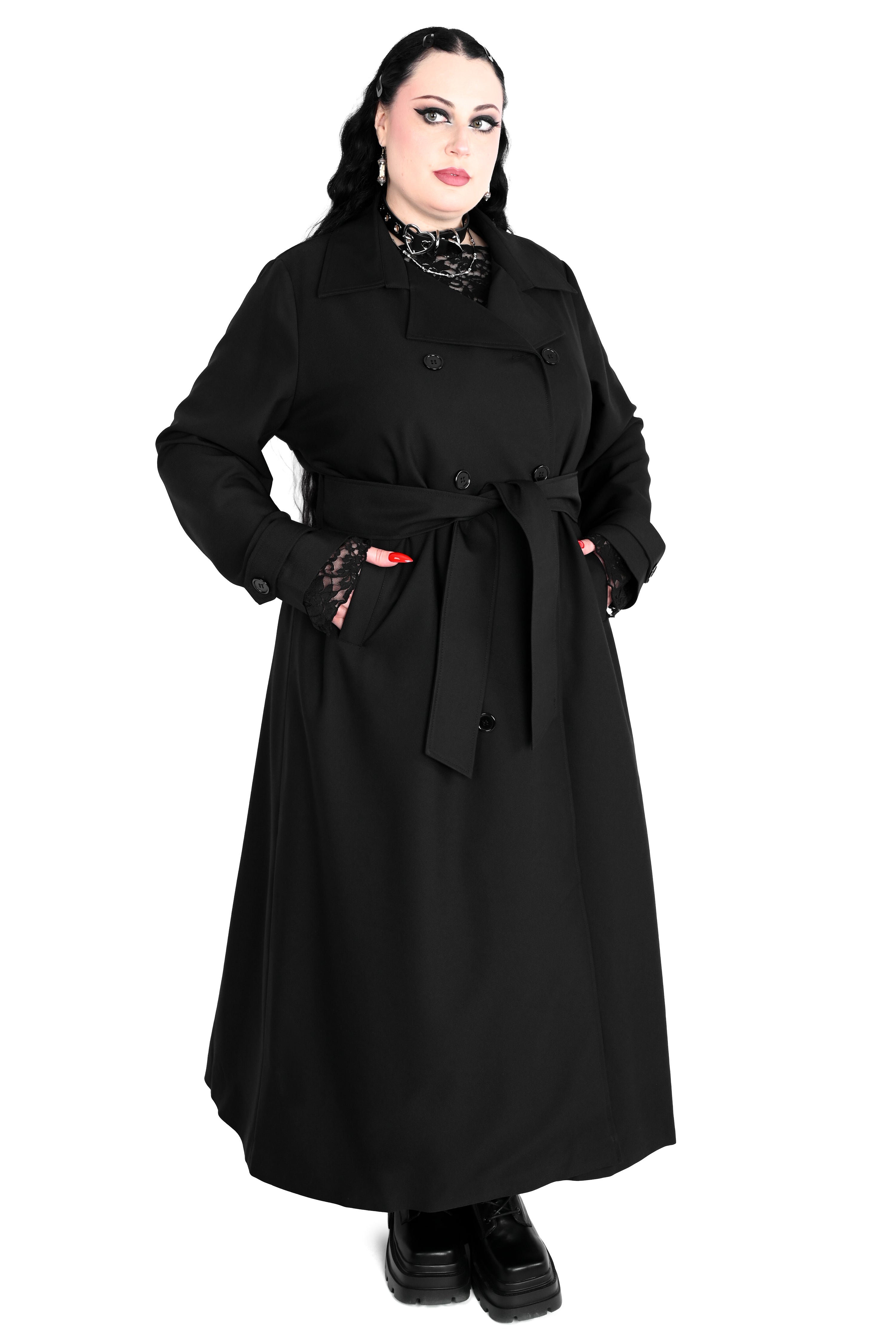 Unisex trench coat with button up front.