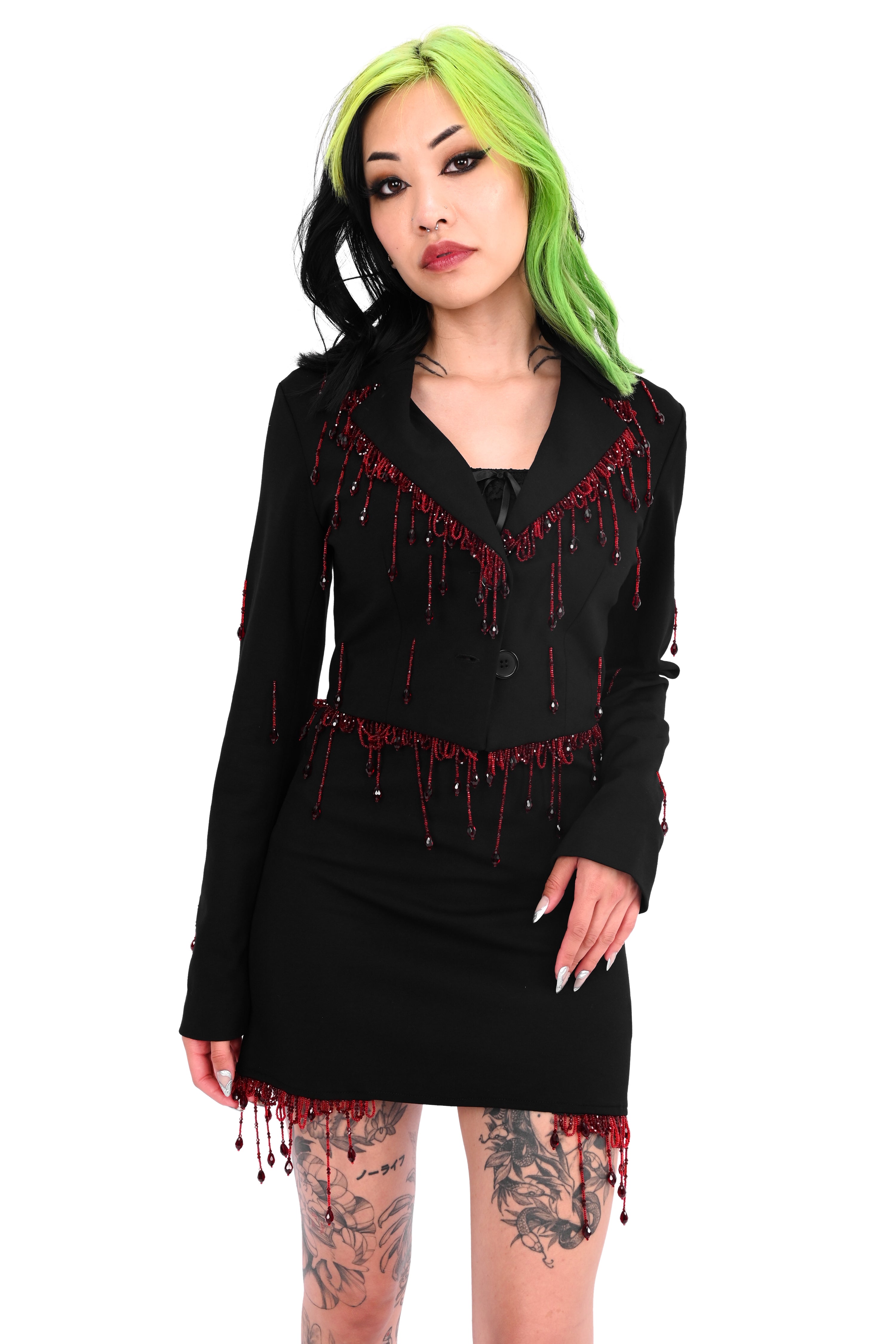 black blazer with red beaded blood drip trim
