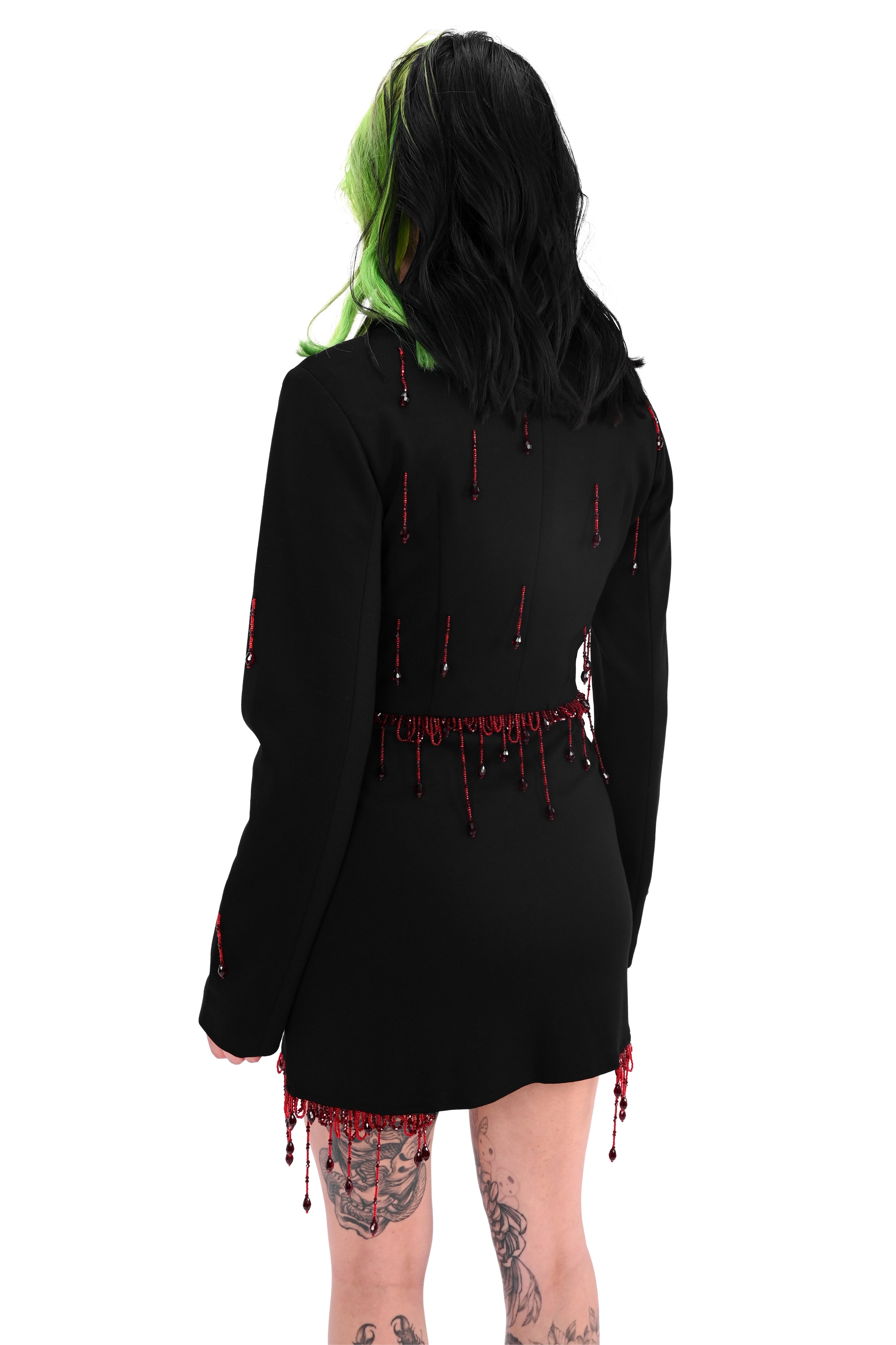 black blazer with red beaded blood drip trim