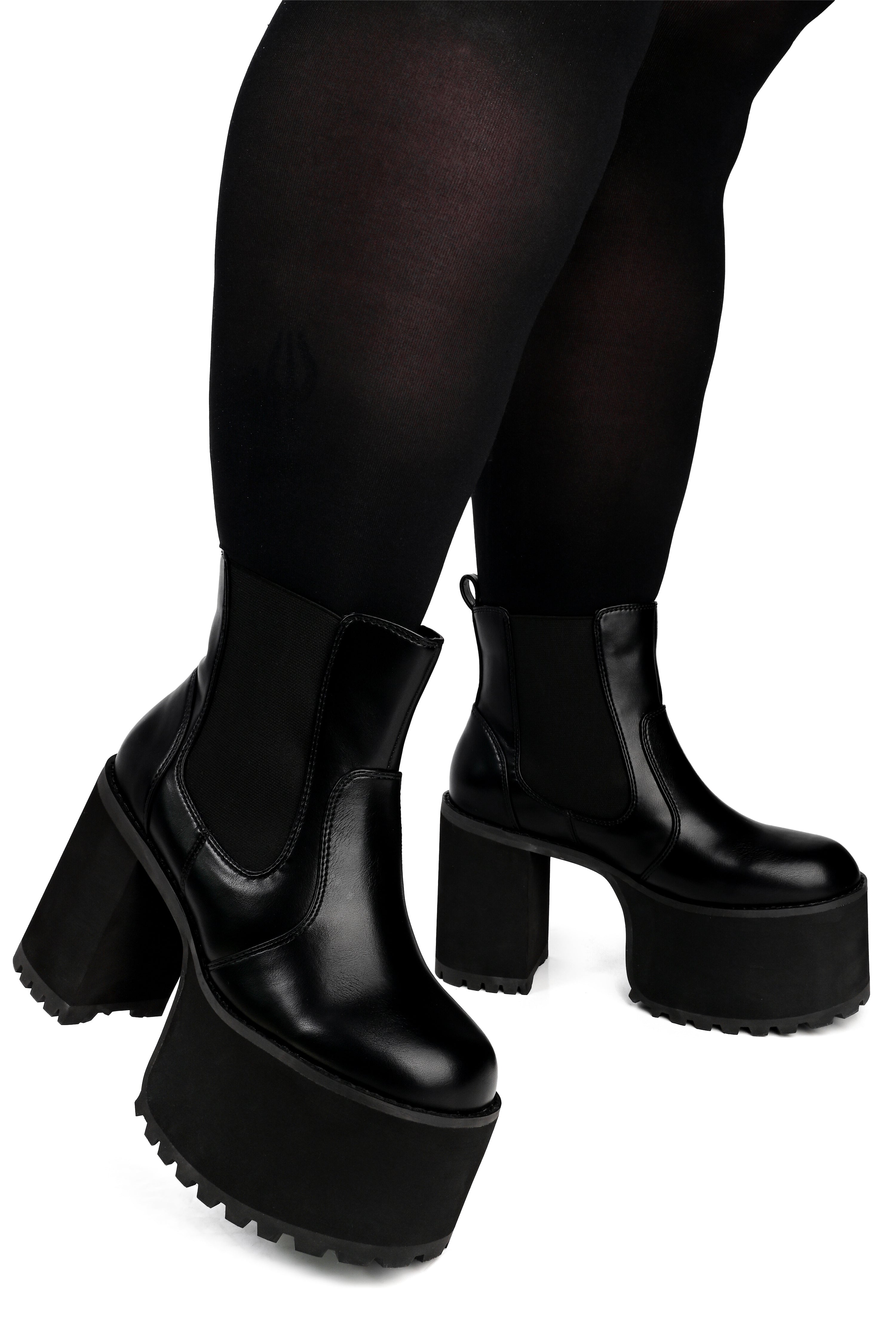 Black pull on PU leather platform chelsea boots with elastic side panels 