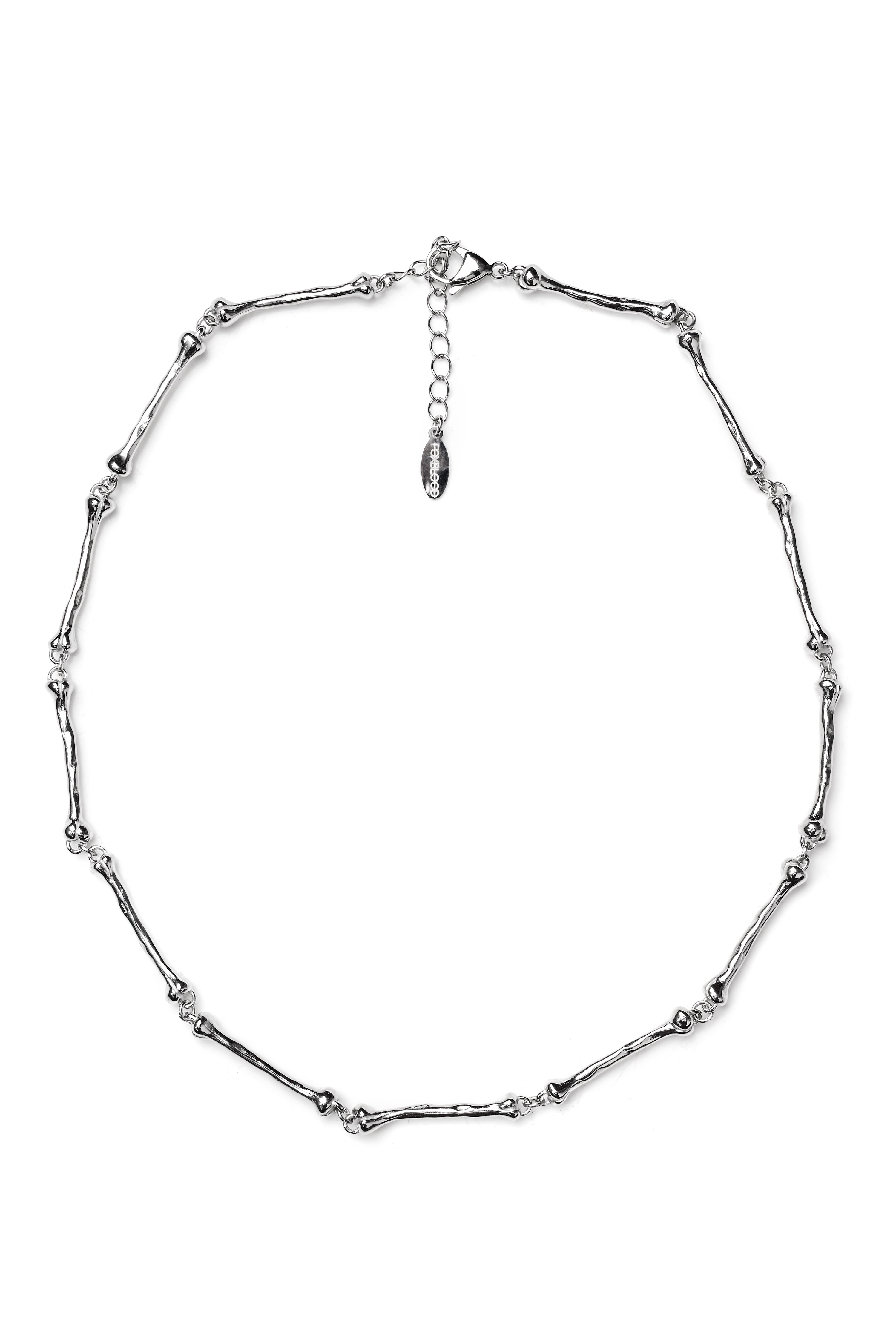 Linked stainless steel bone necklace with lobster clasp closure.