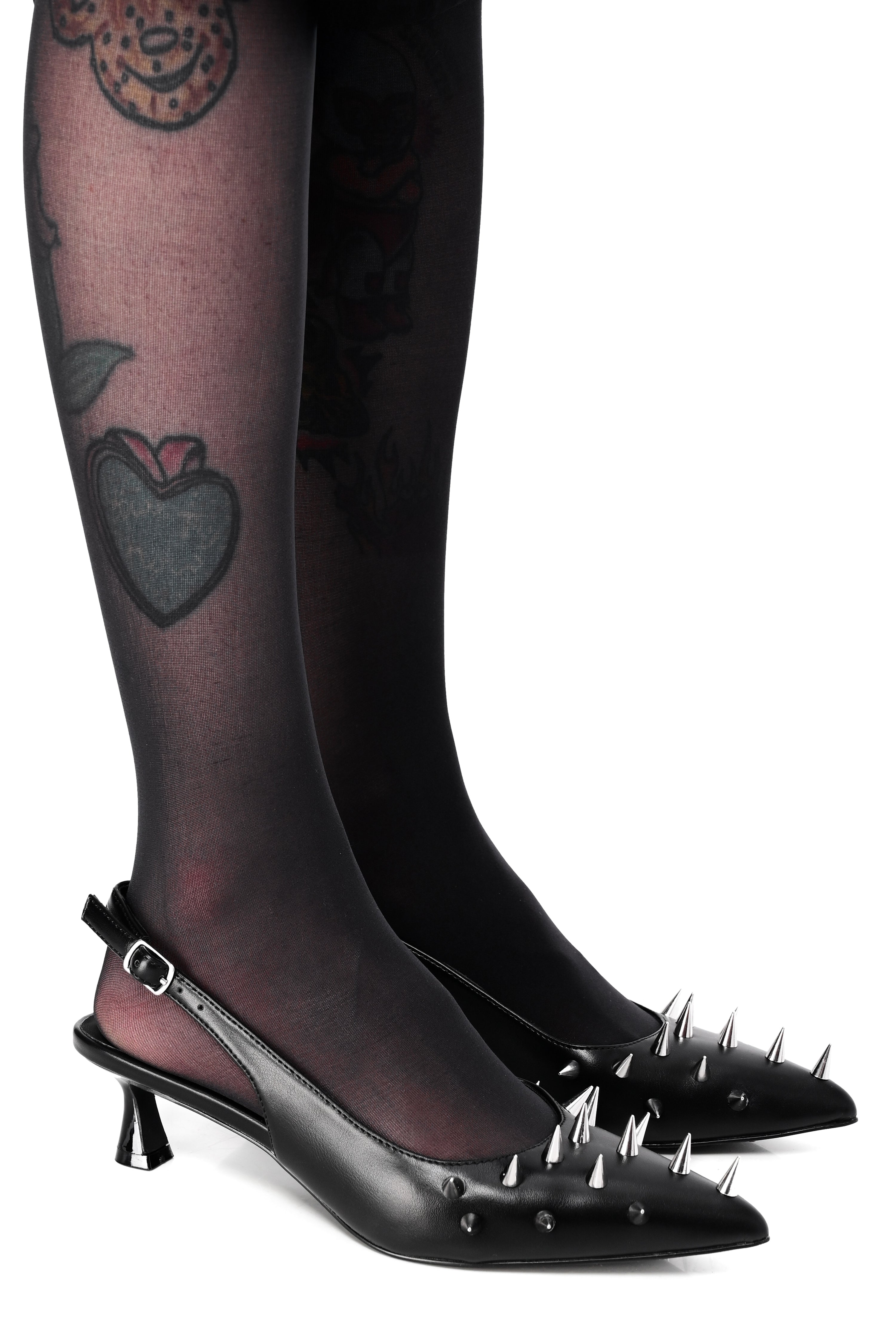 Black sling back kitten heel with spike studs on front