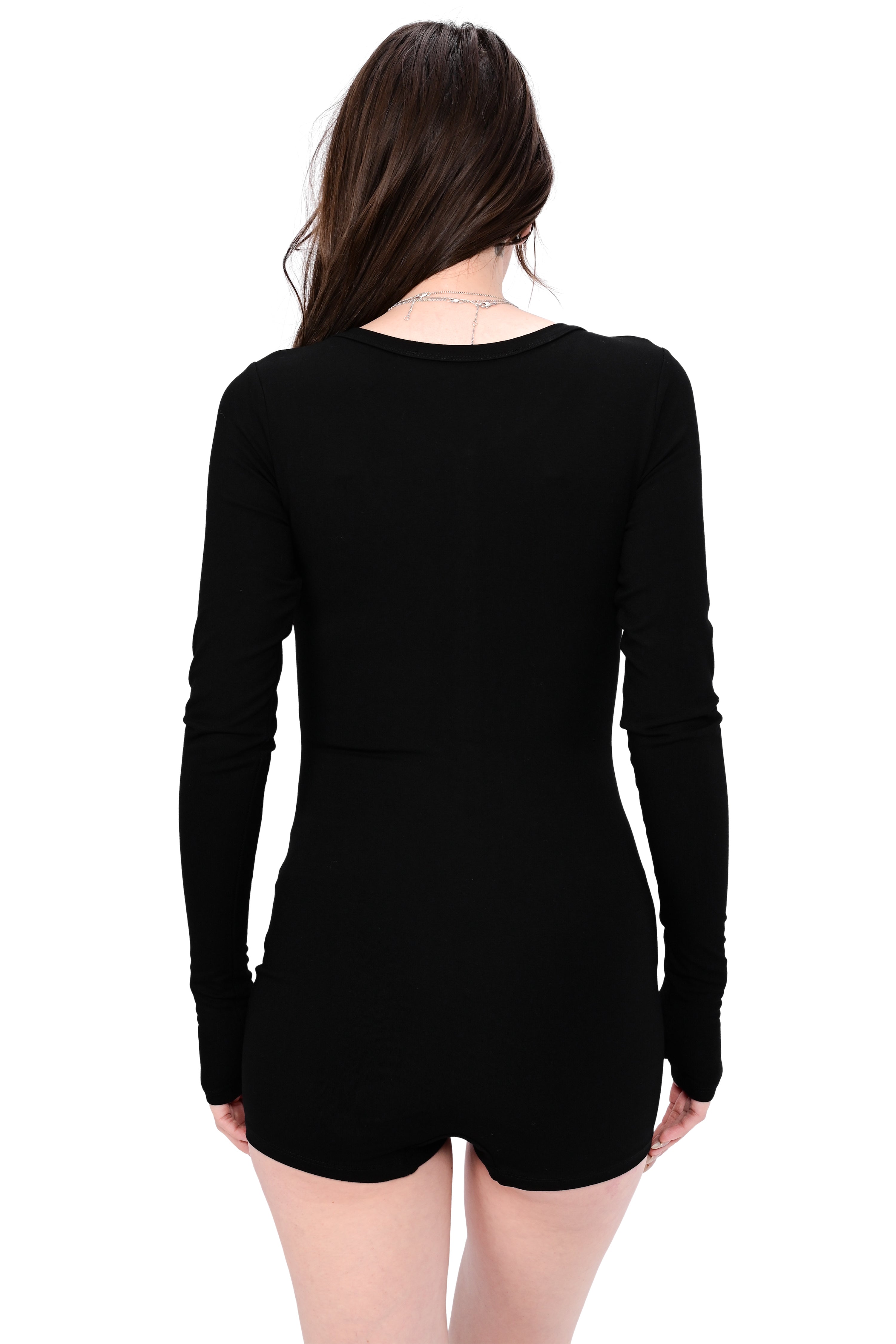 Black long sleeve bodysuit with snap henley buttons and thumbholes