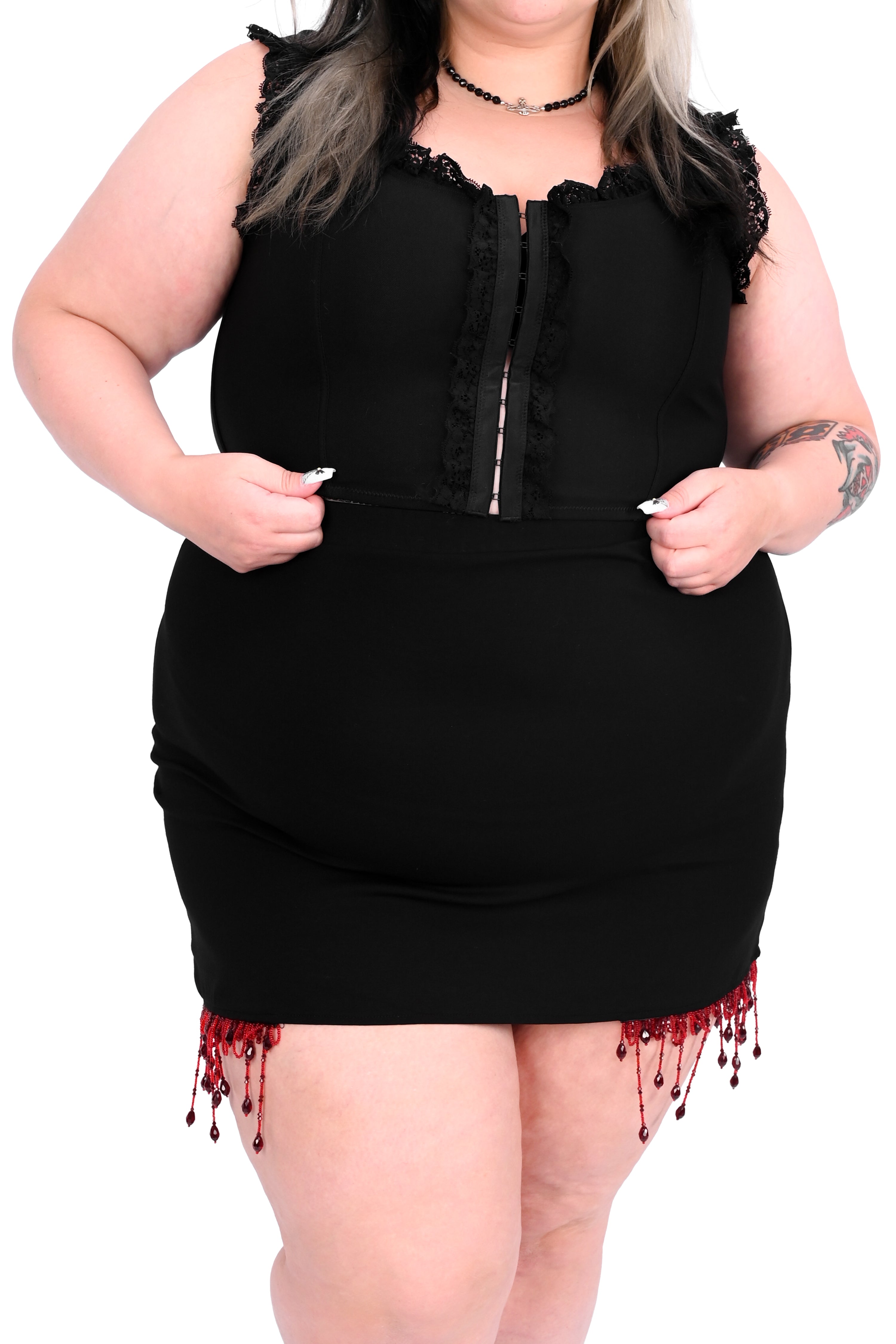 black high waisted skirt with red beaded blood drip trim