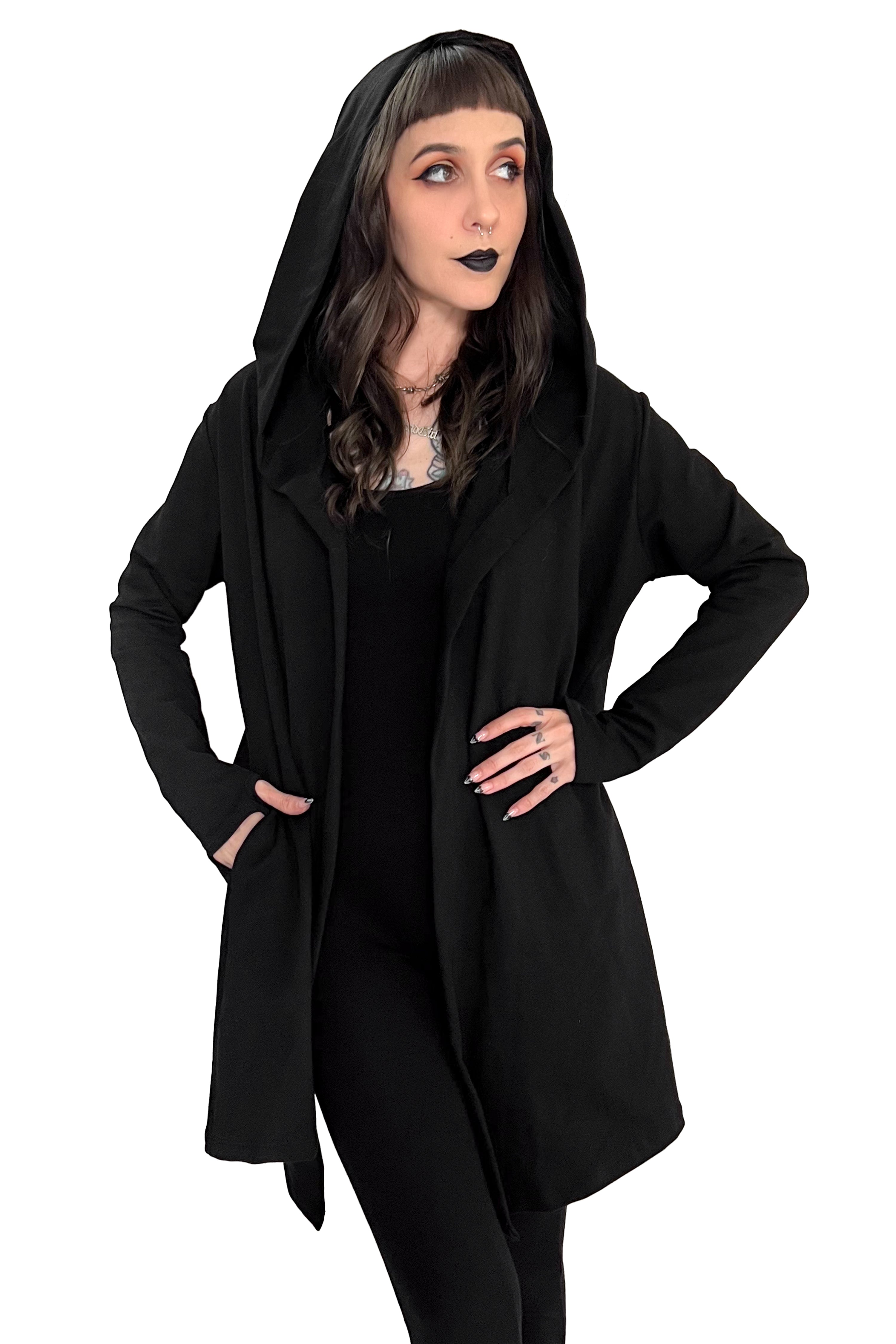 black hooded open front cardigan with thumbholes