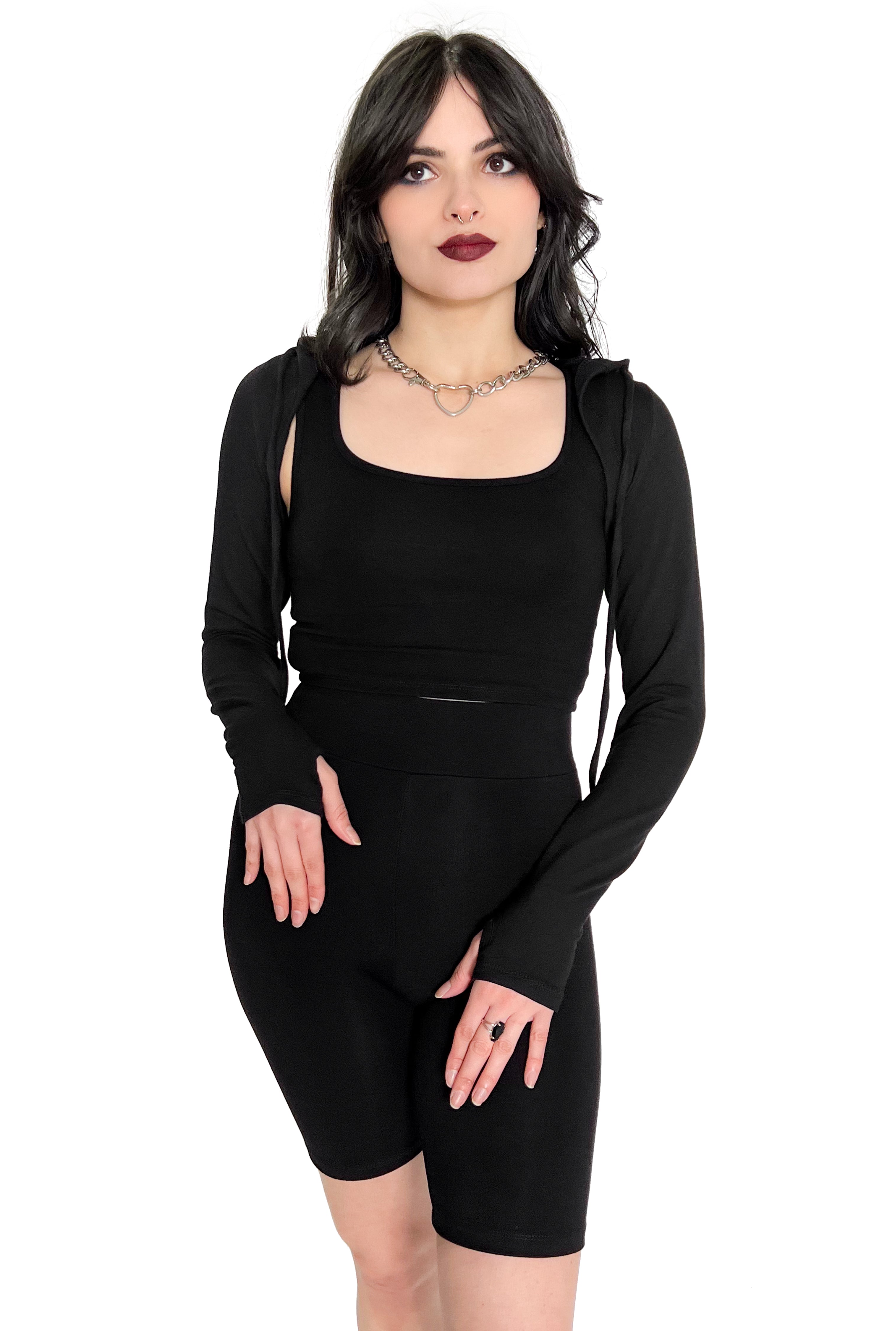 black hooded bolero with thumbholes and drawstring