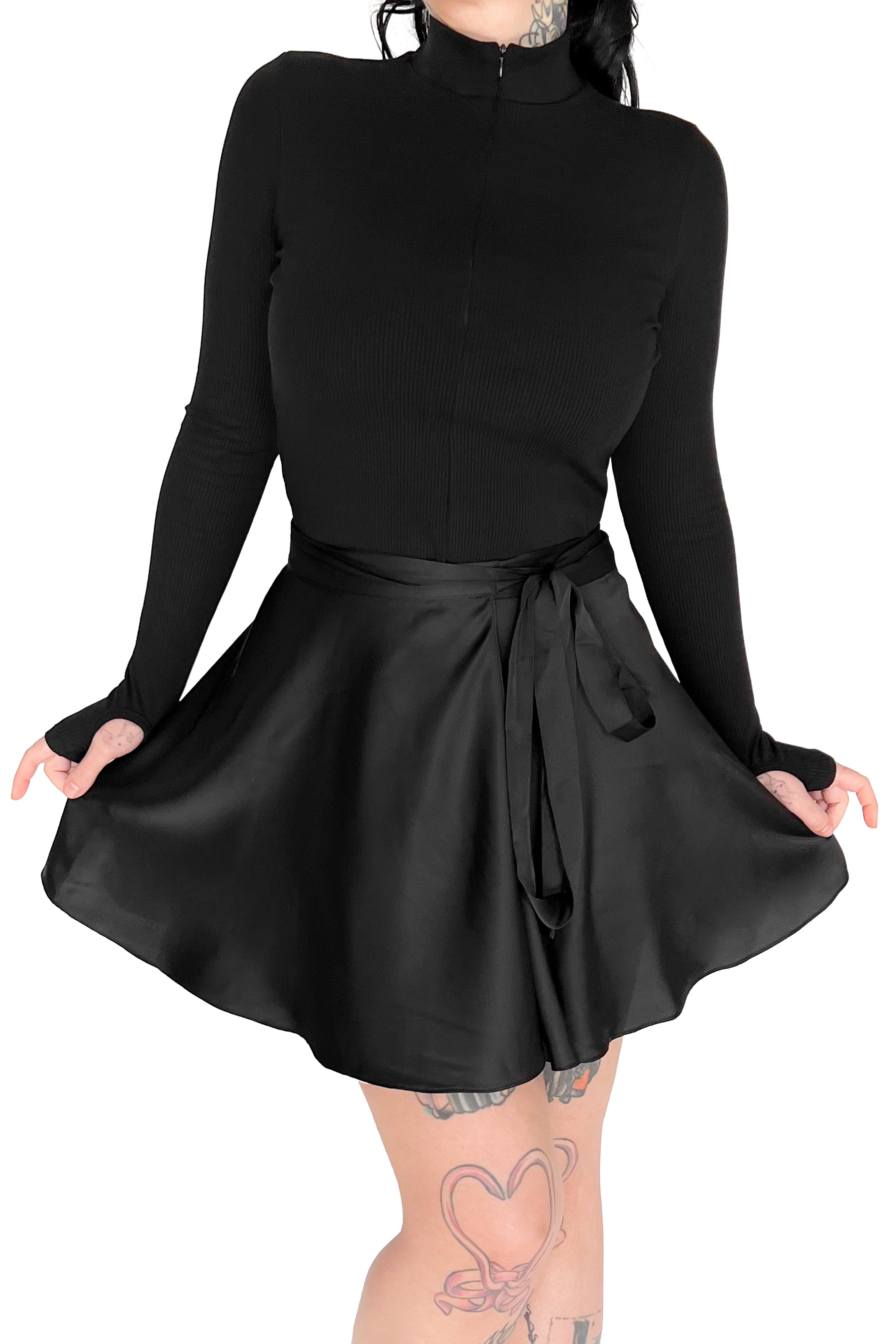 short black satin wrap skirt with adjustable waist ribbon tie