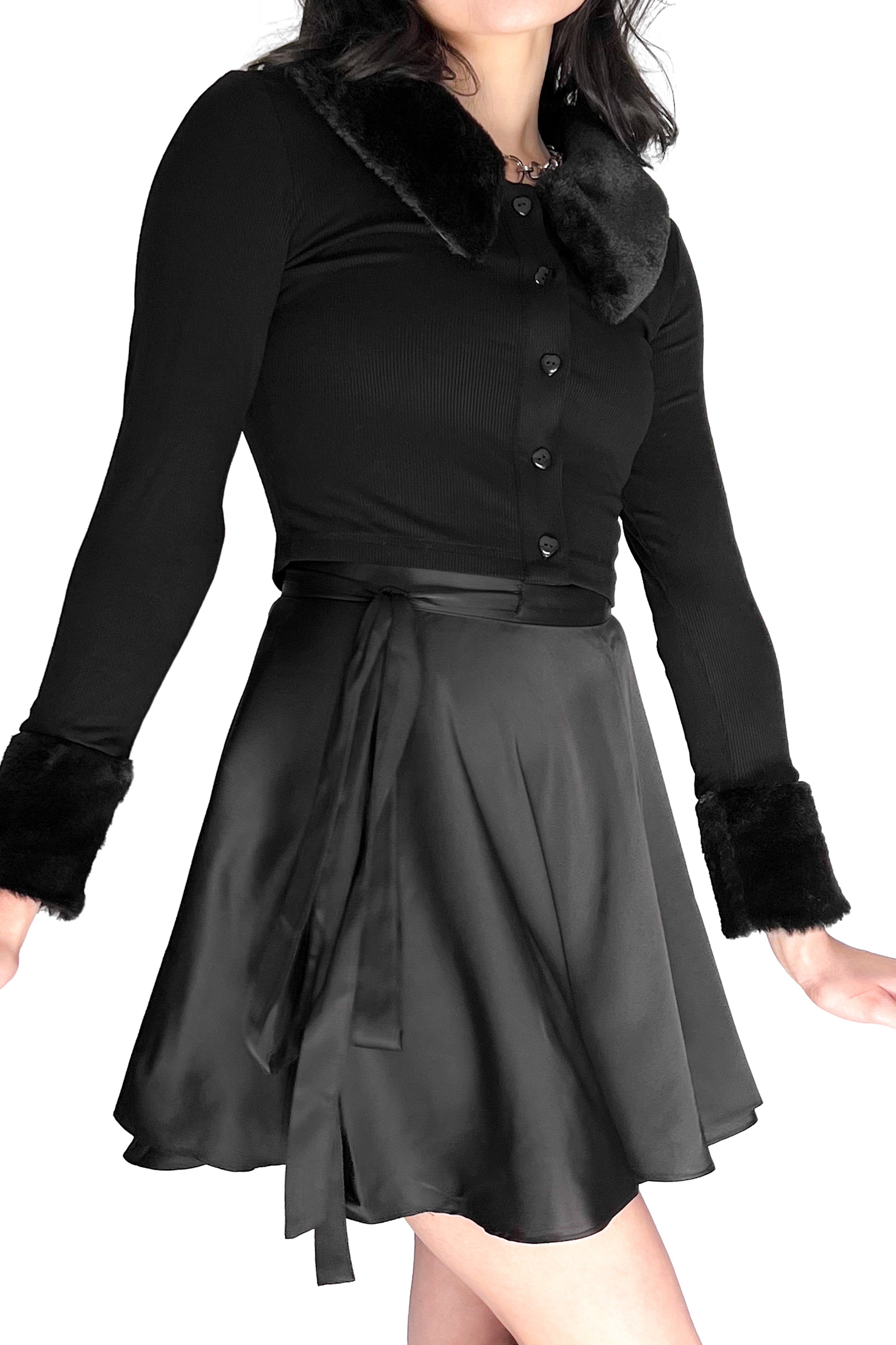 short black satin wrap skirt with adjustable waist ribbon tie