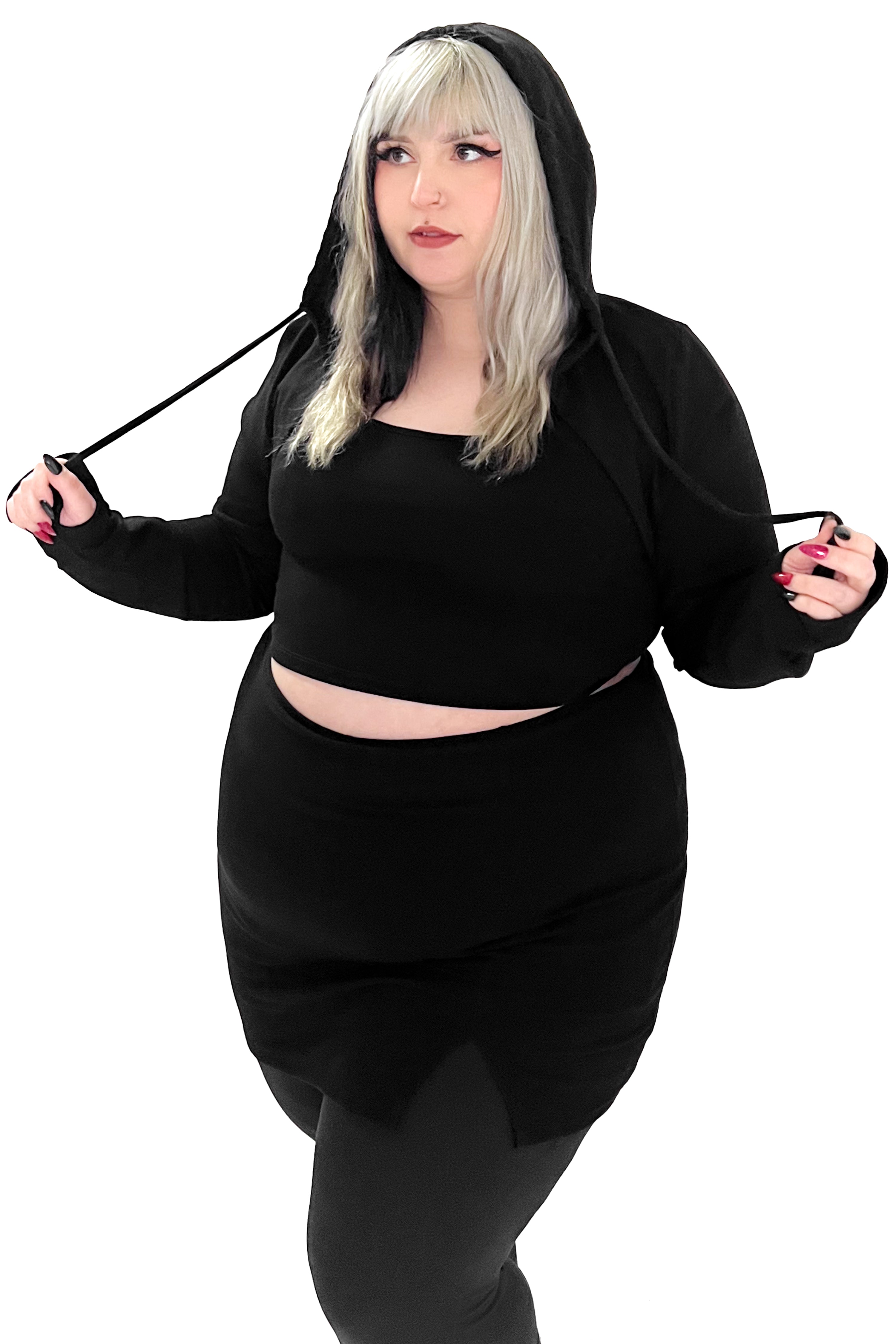 black hooded bolero with thumbholes and drawstring