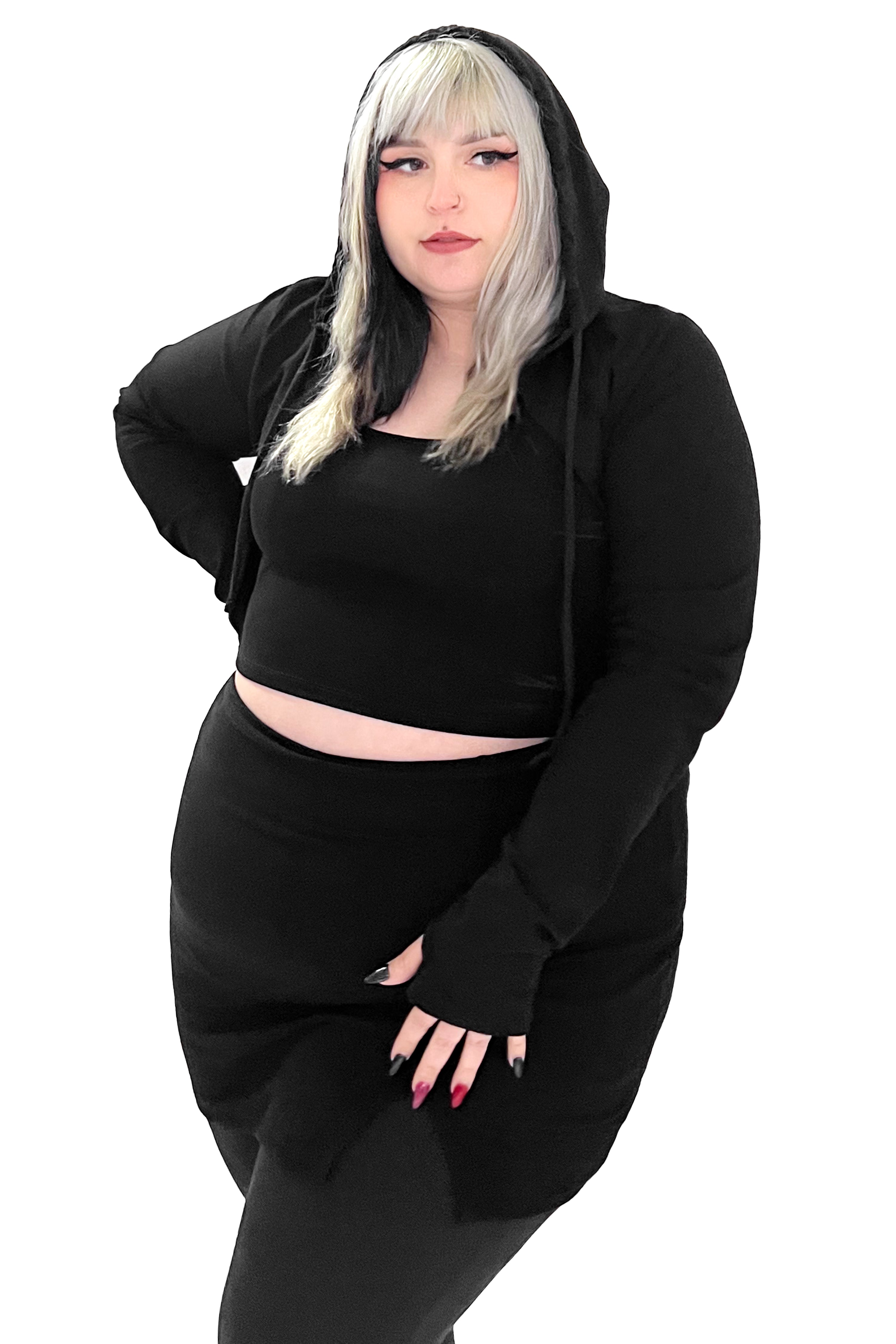 black hooded bolero with thumbholes and drawstring