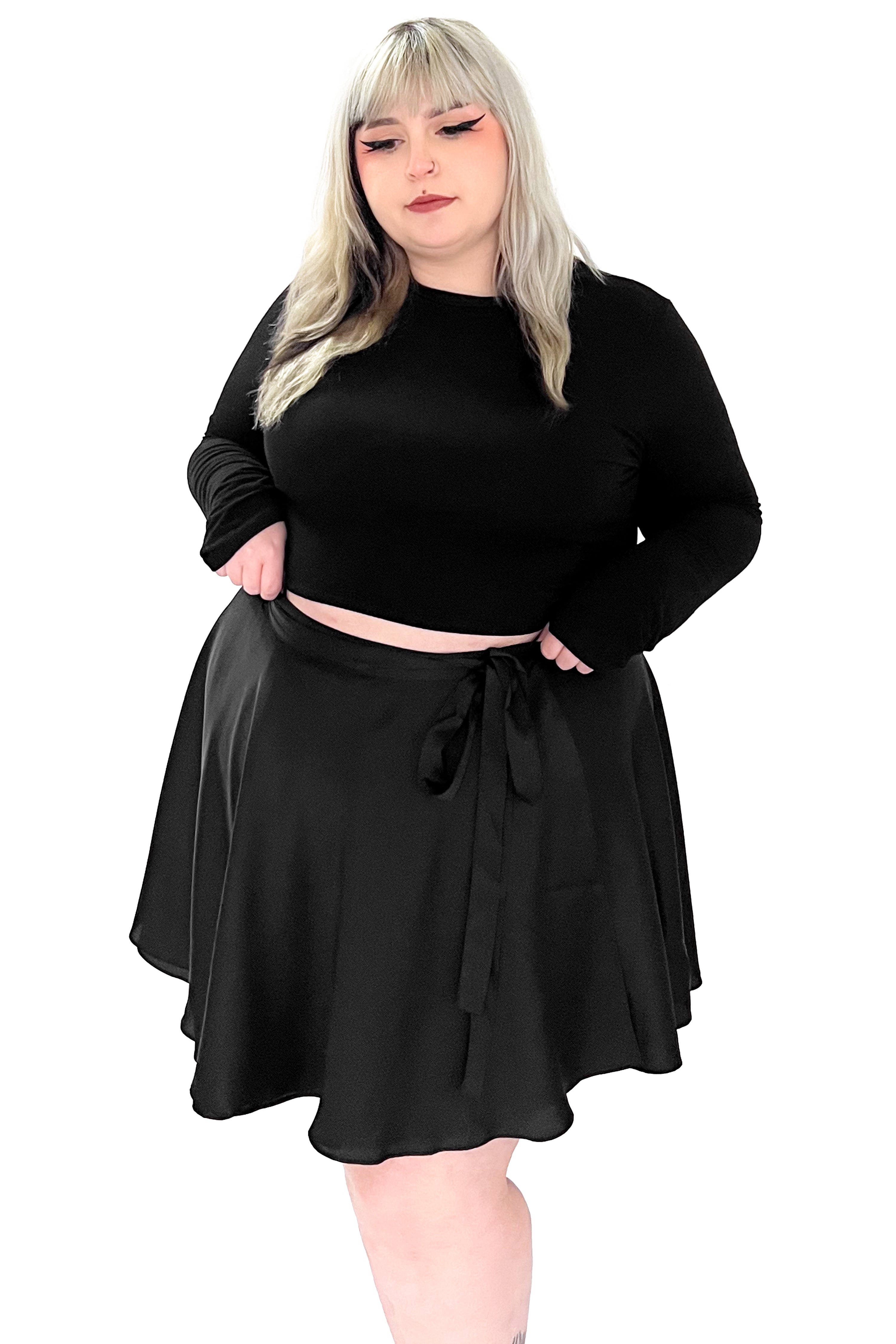 short black satin wrap skirt with adjustable waist ribbon tie