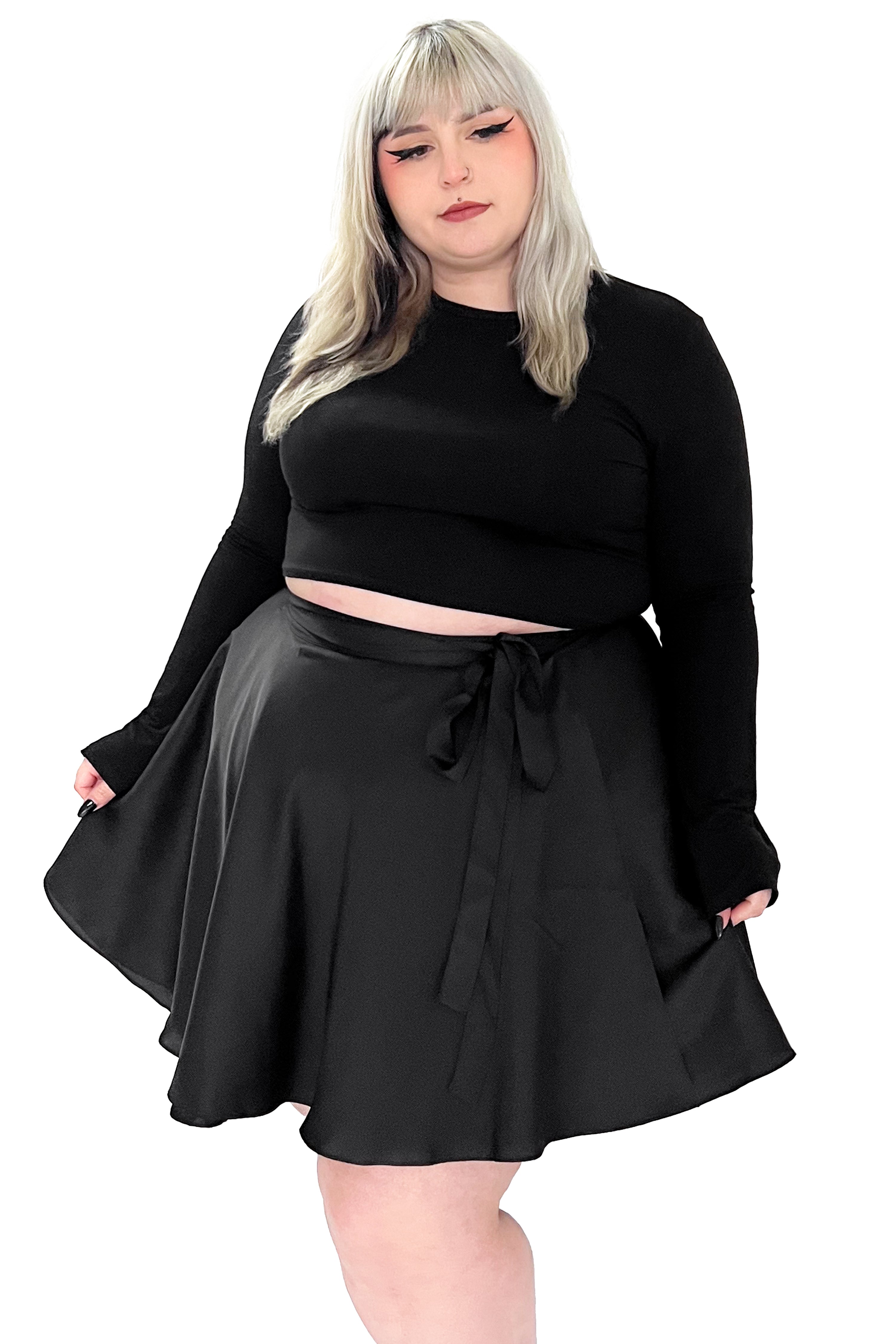 short black satin wrap skirt with adjustable waist ribbon tie