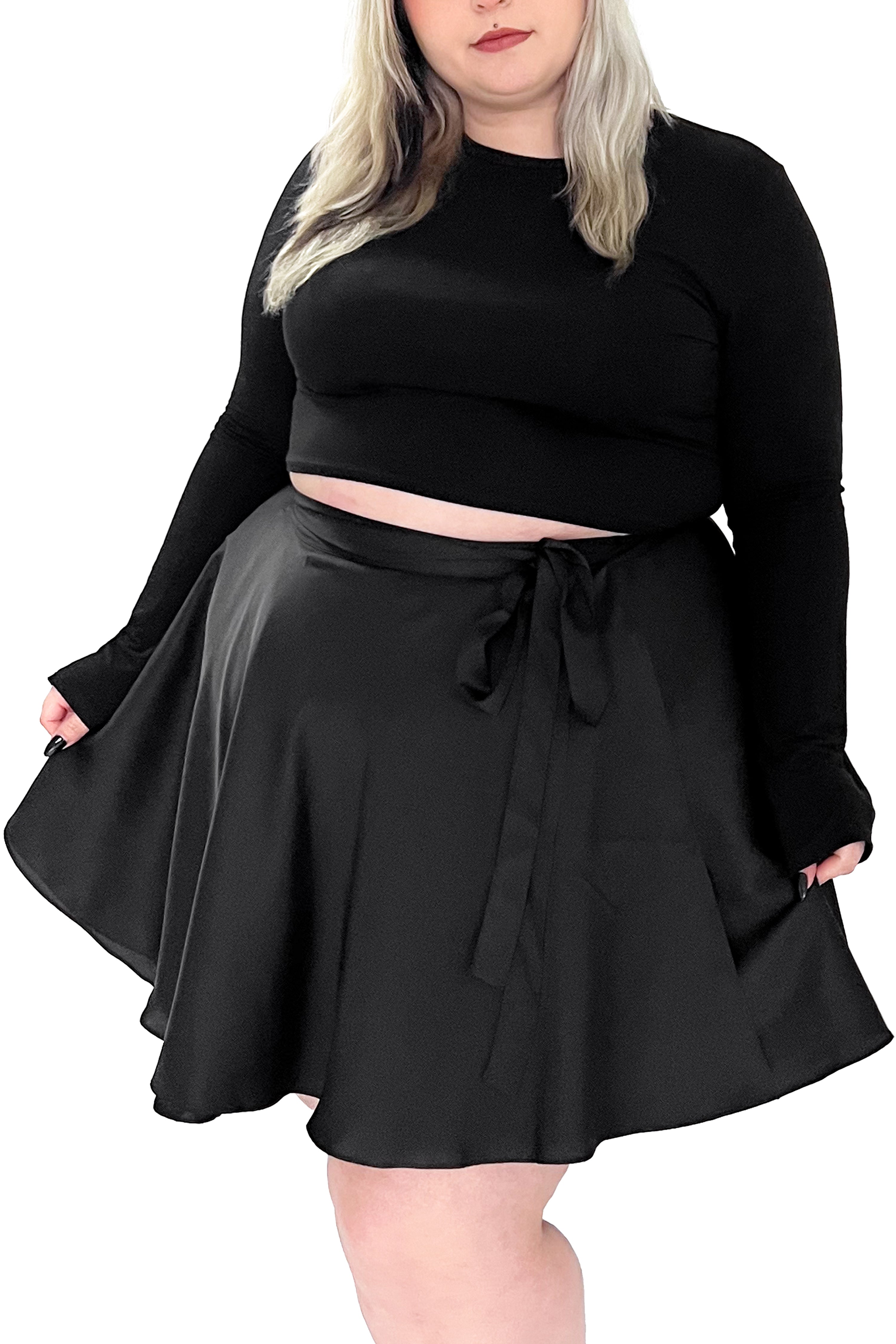 short black satin wrap skirt with adjustable waist ribbon tie