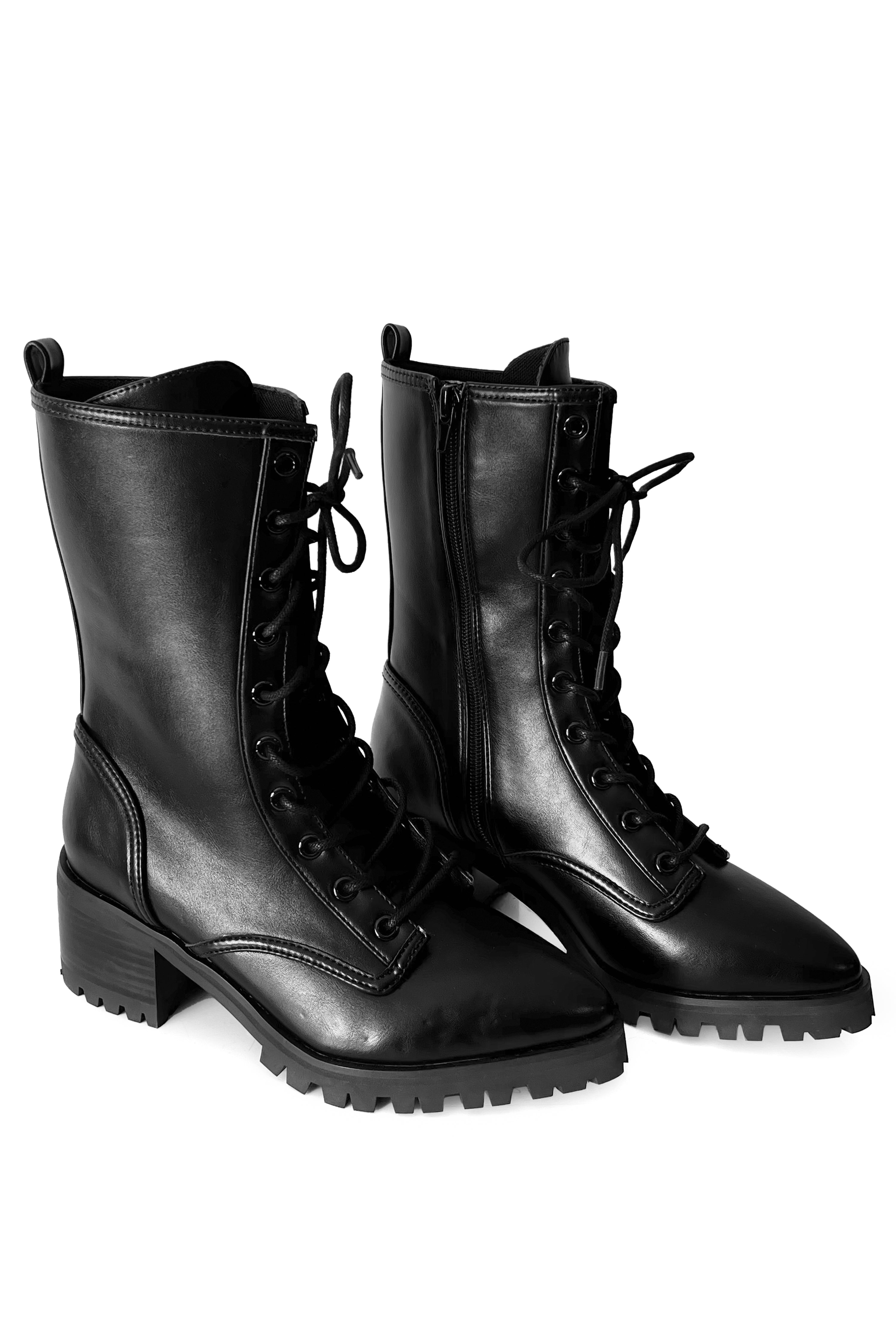 black vegan leather pointed toe boot with chunky sole