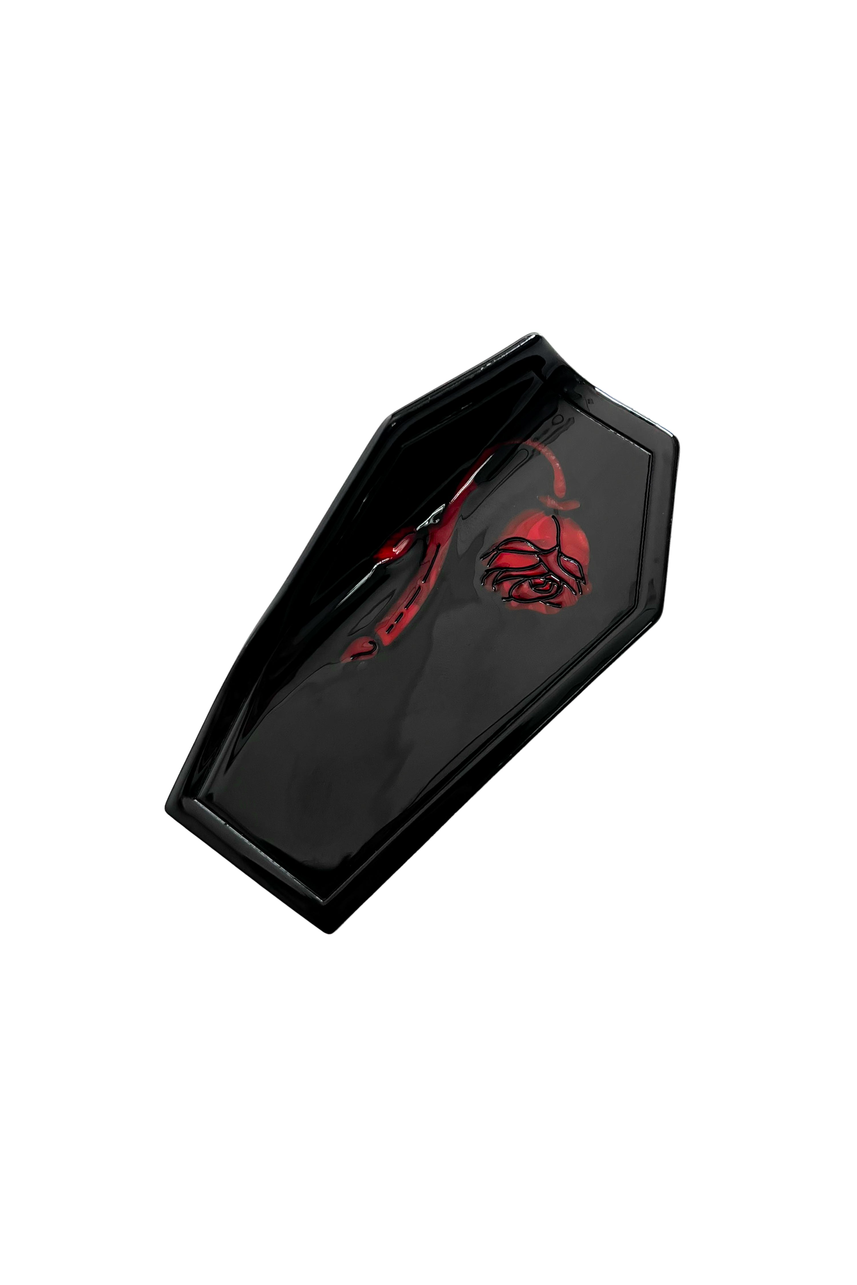 Black coffin shaped claw clip with the Foxblood Weeping Rose logo