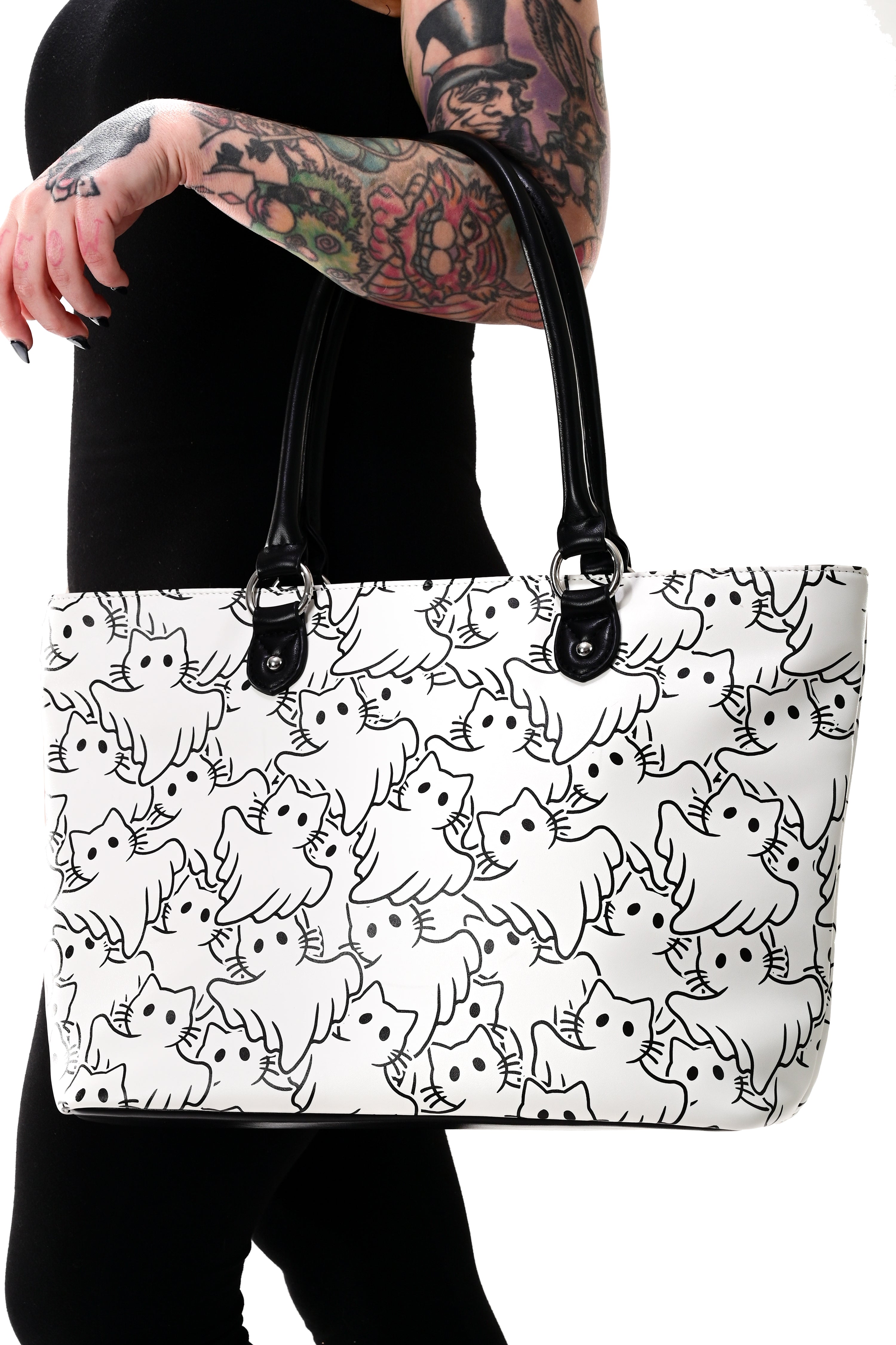black and white tote back with ghost cat design printed all over