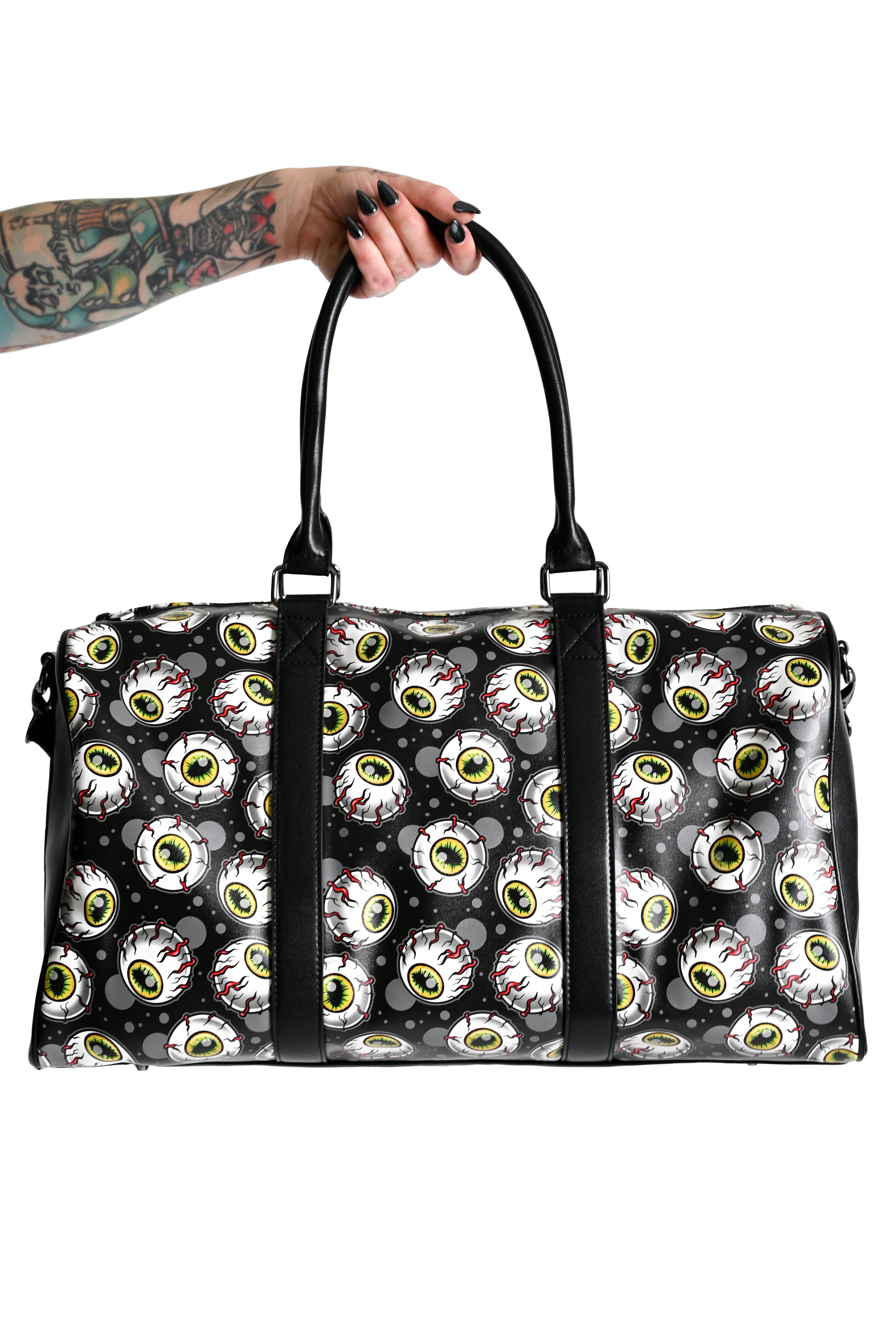 black faux leather weekender duffel bag with creepy eyeball design pattern all over