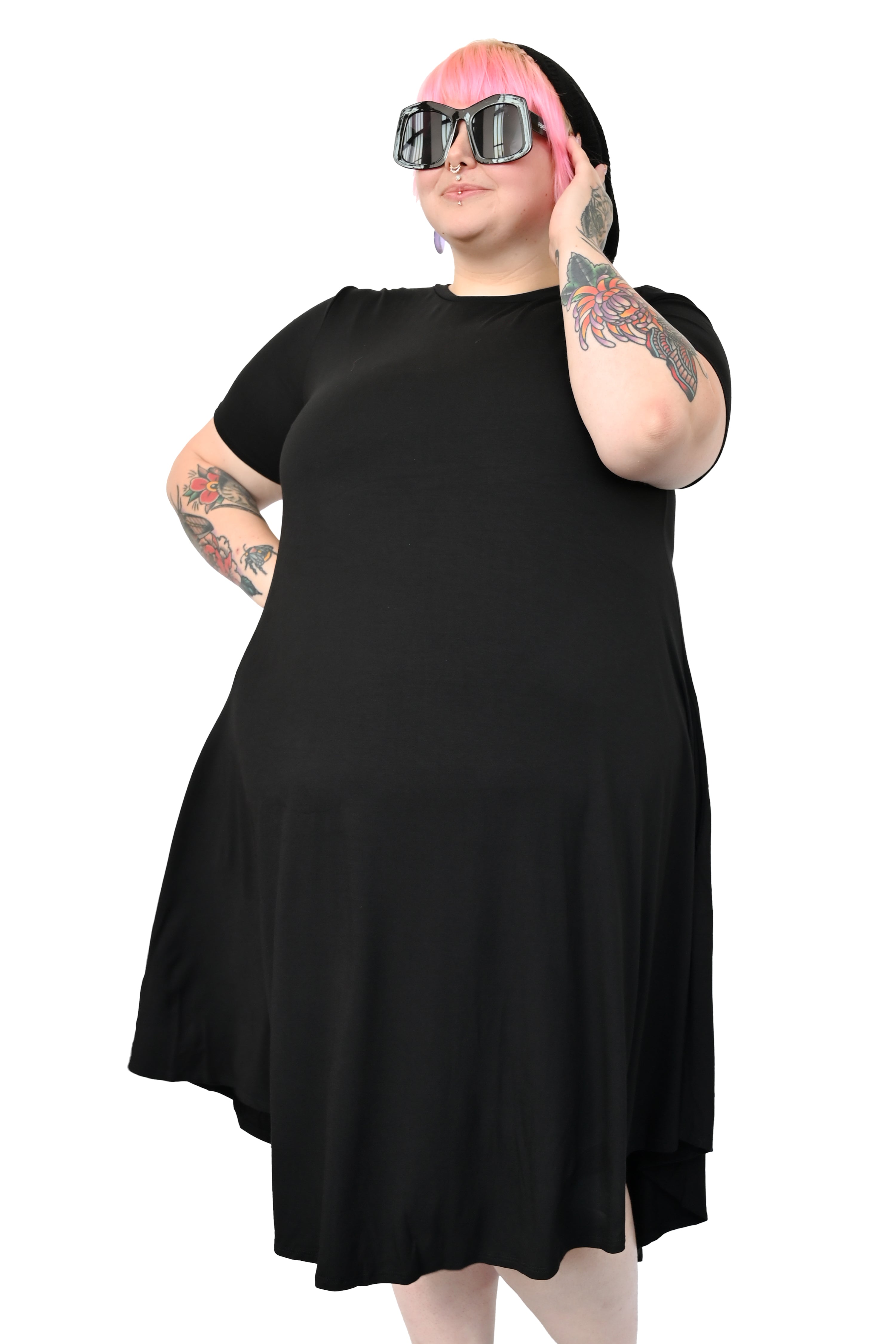 black mid length swing dress with pockets