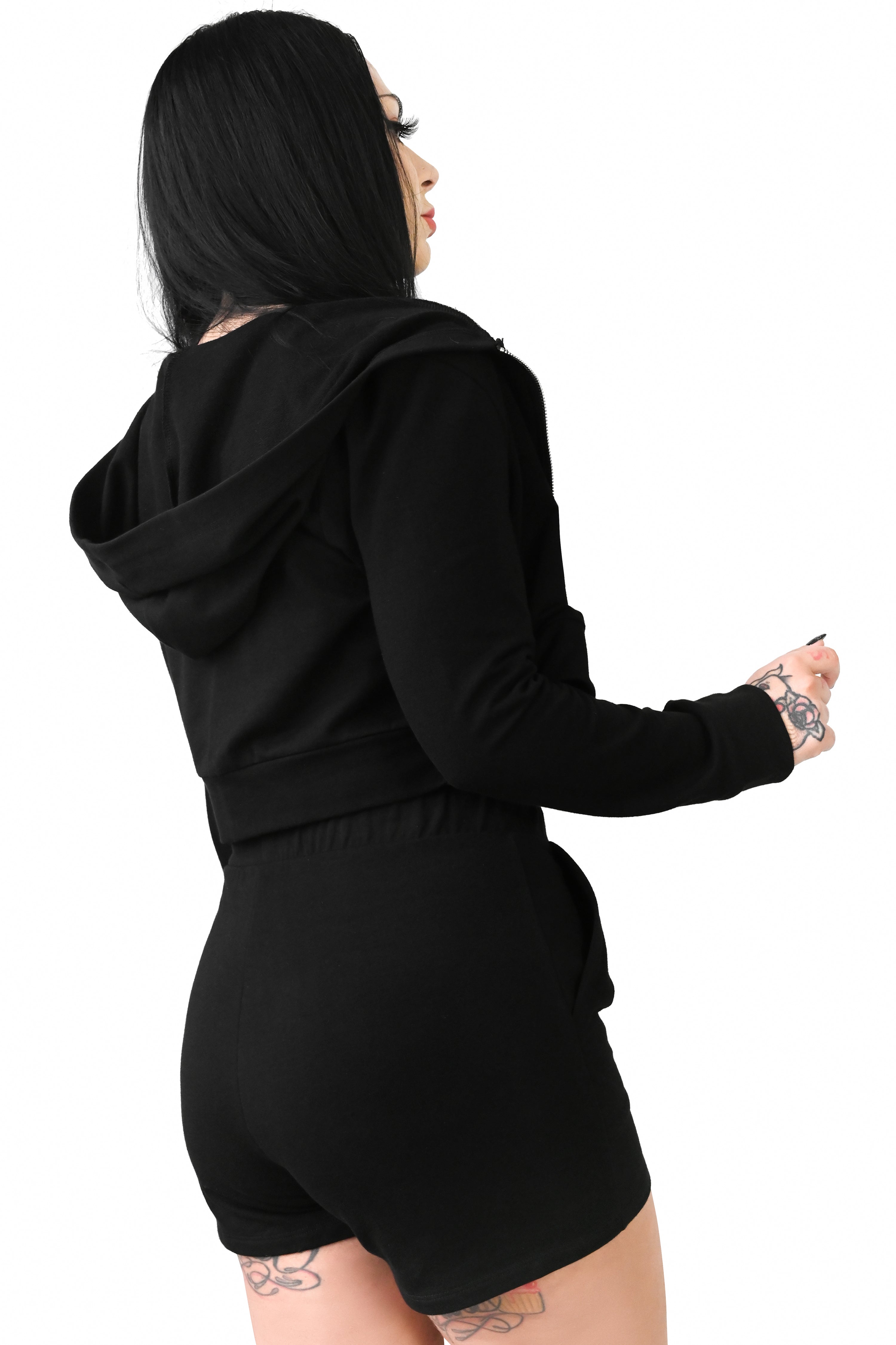 back view of black, cropped french terry hoodie with hood