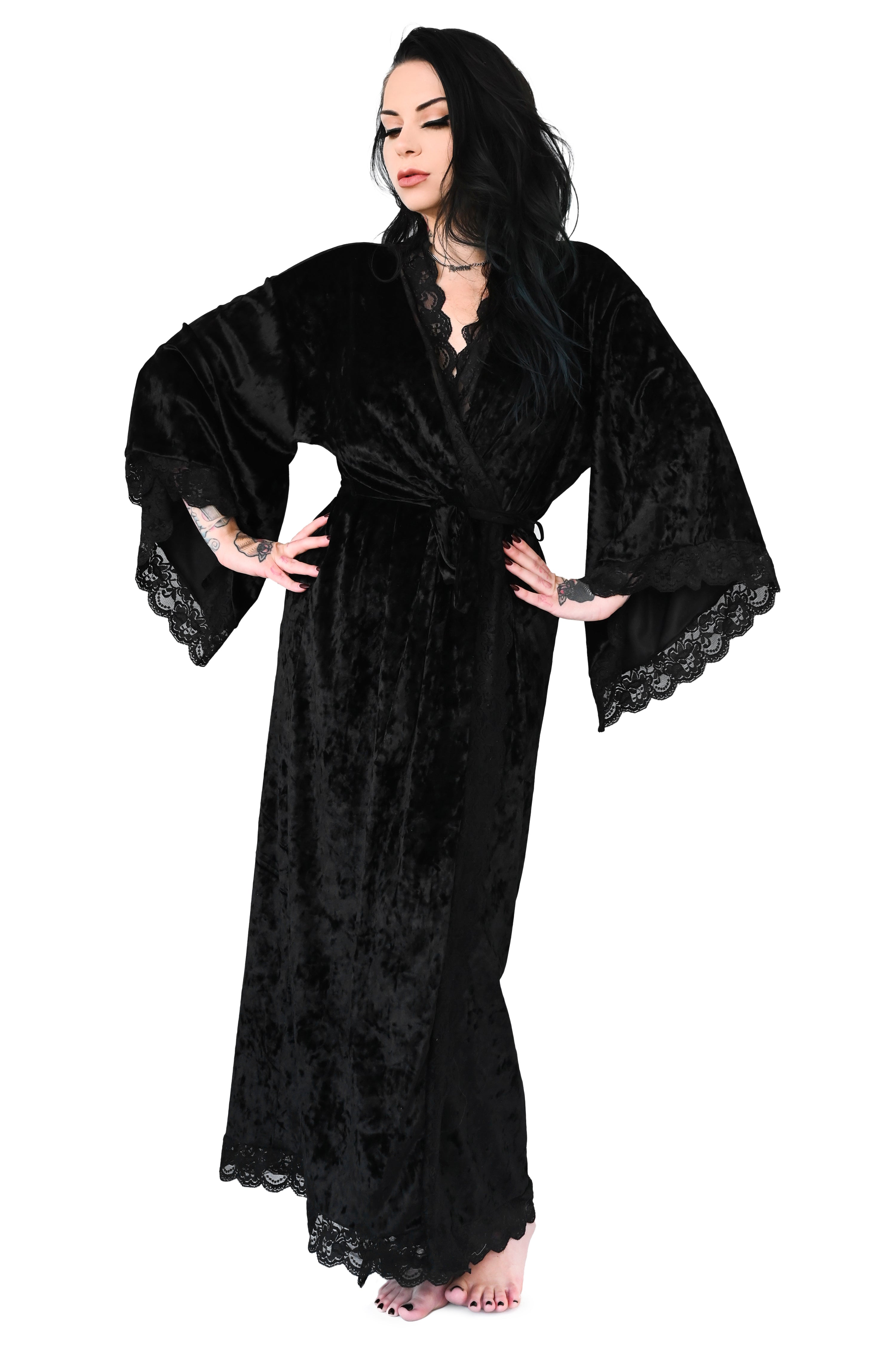black long velvet dressing gown with black lace trim and tie waist