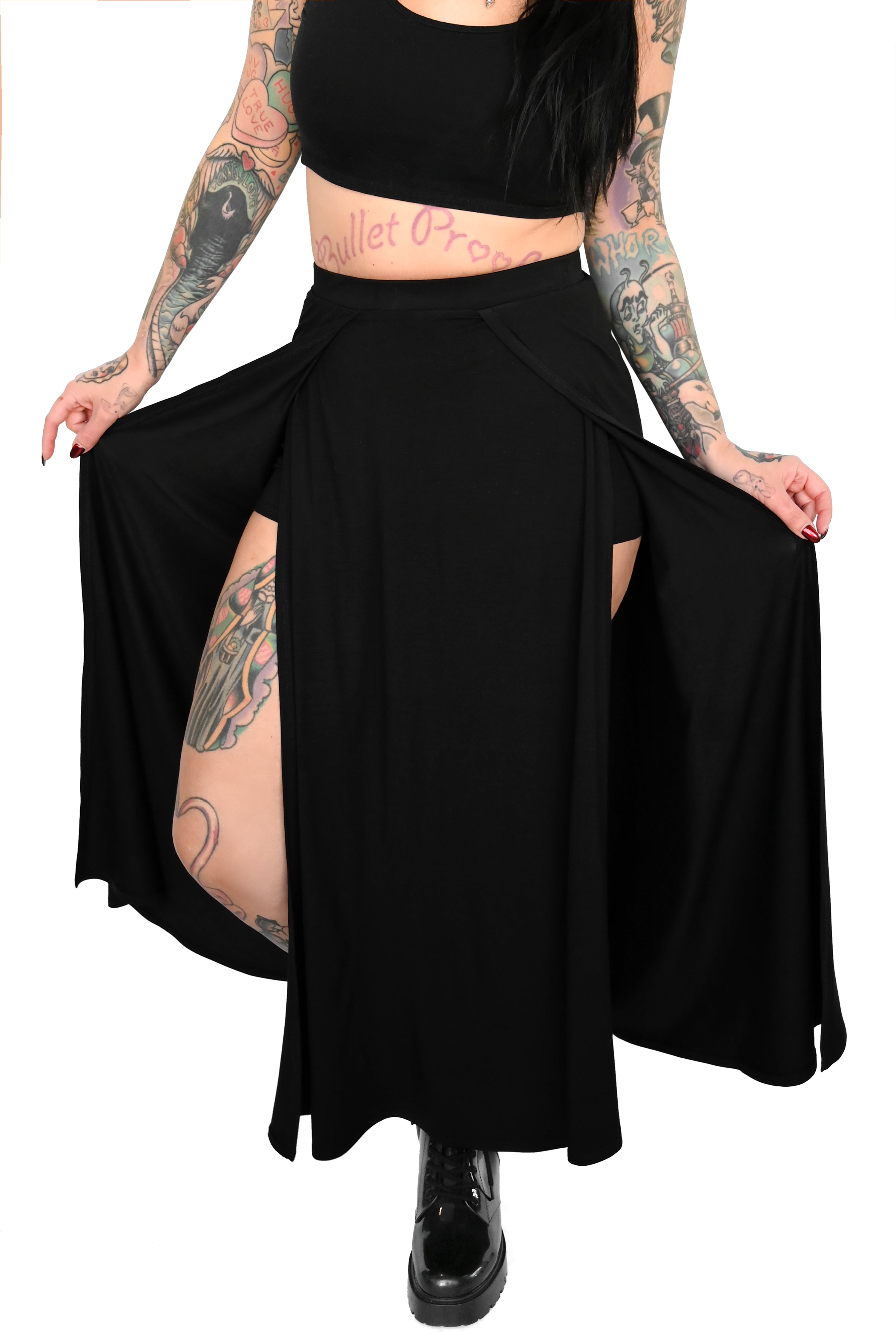 black maxi skirt with slits and shorts 