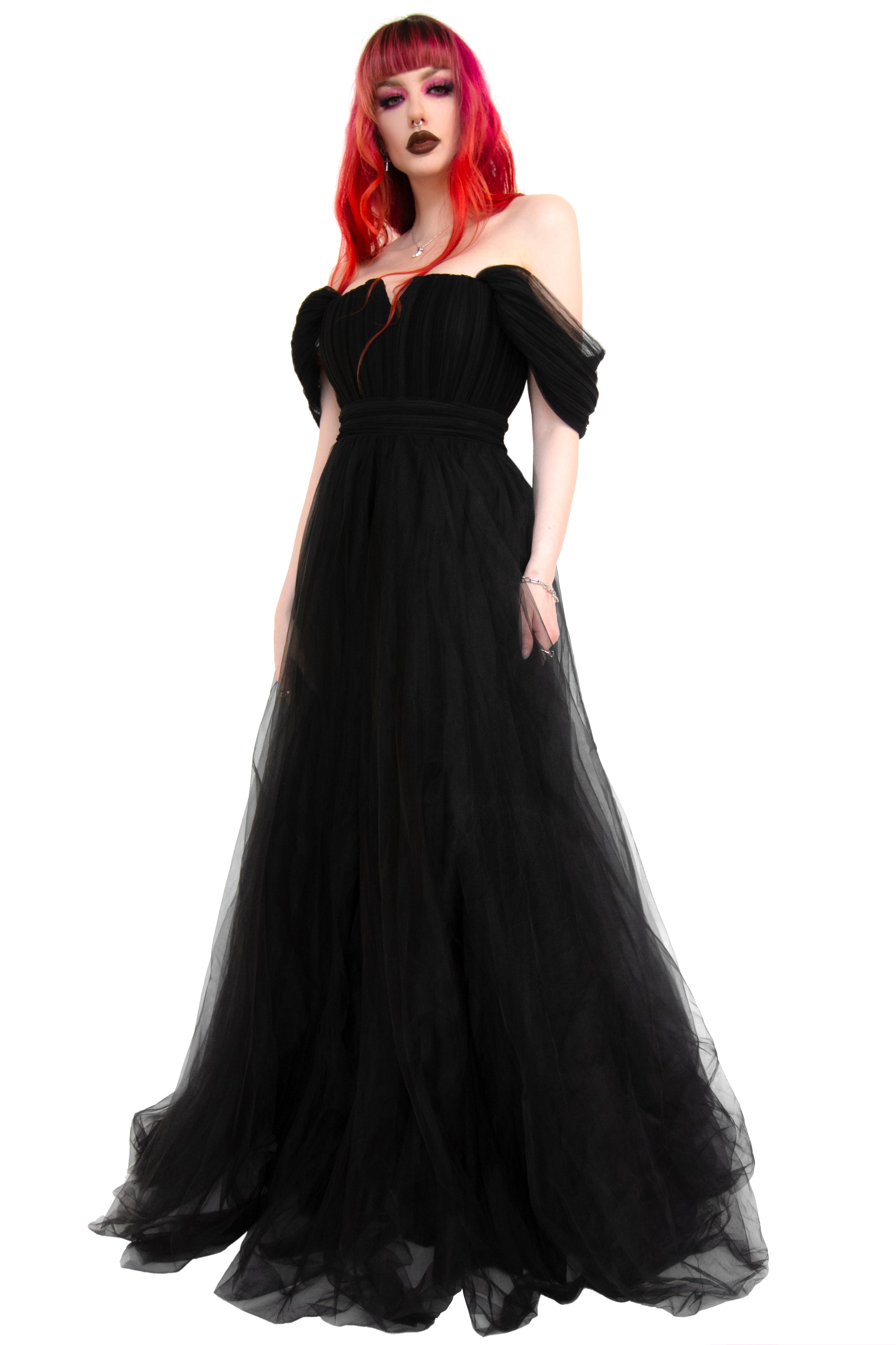 Elegant long flowing black tulle gown. Perfect for any goth wedding or special event! Off the shoulder, draping tulle sleeves and a mini V at the bust.