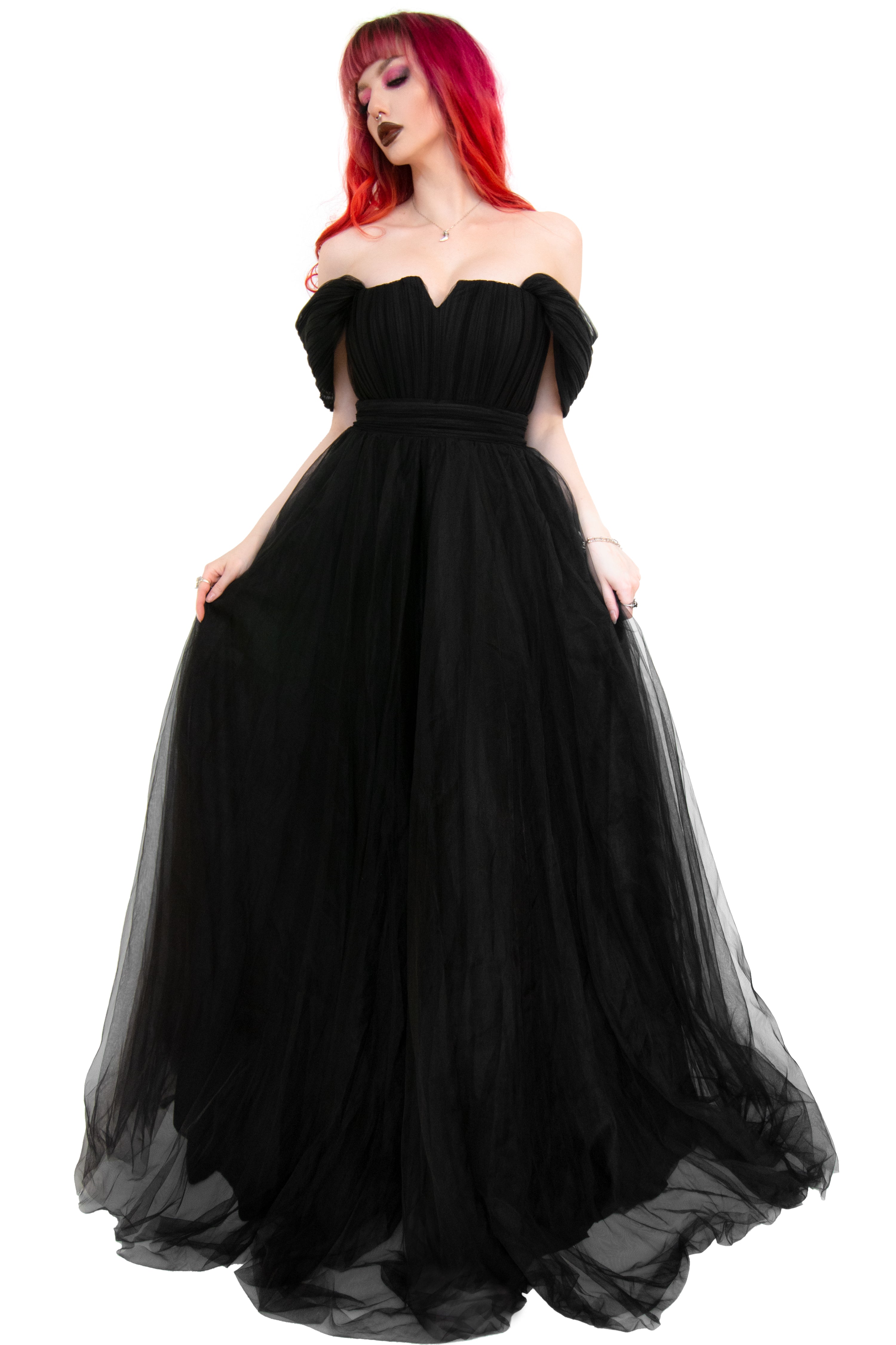 Elegant long flowing black tulle gown. Perfect for any goth wedding or special event! Off the shoulder, draping tulle sleeves and a mini V at the bust.