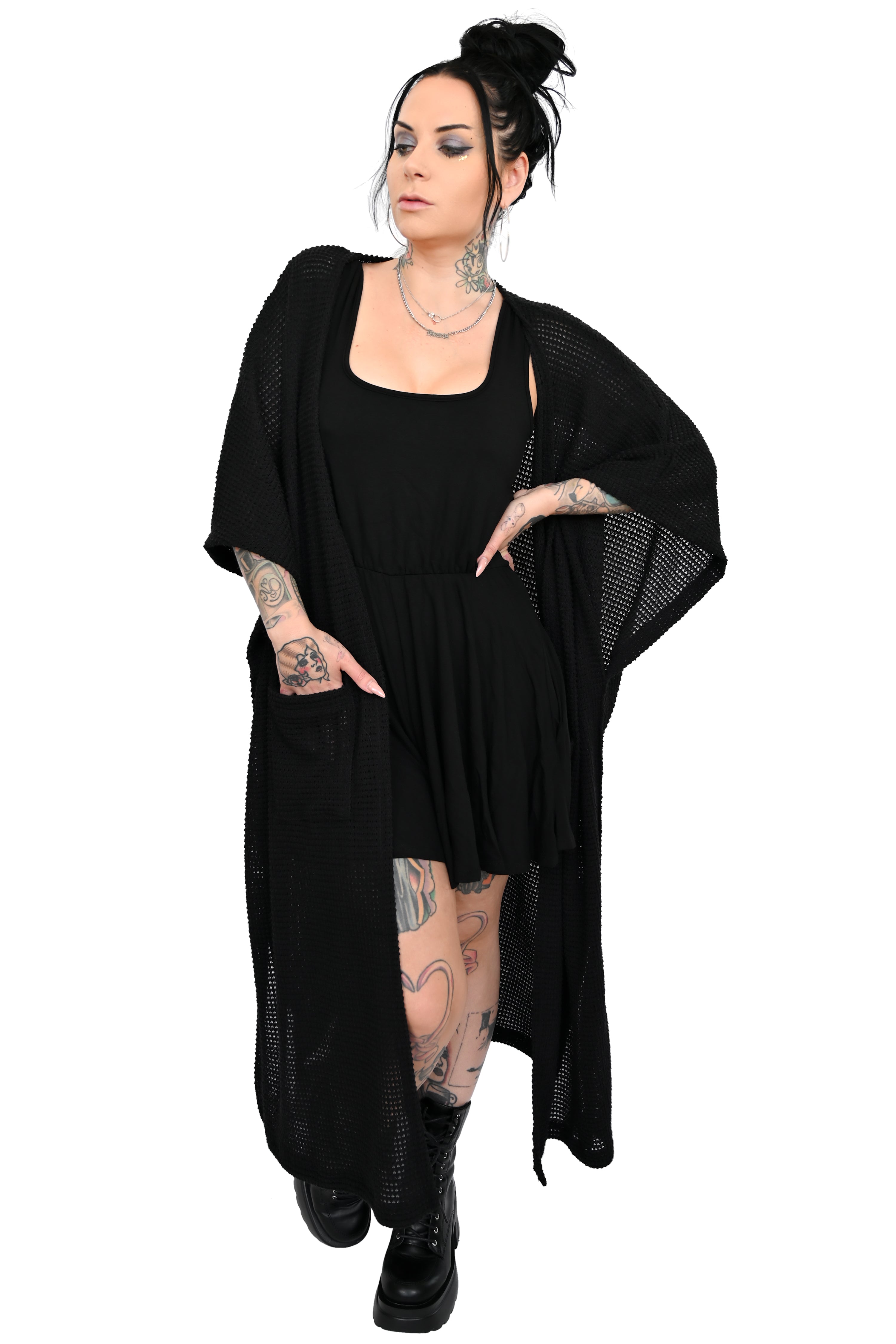 oversized open front waffle cardigan